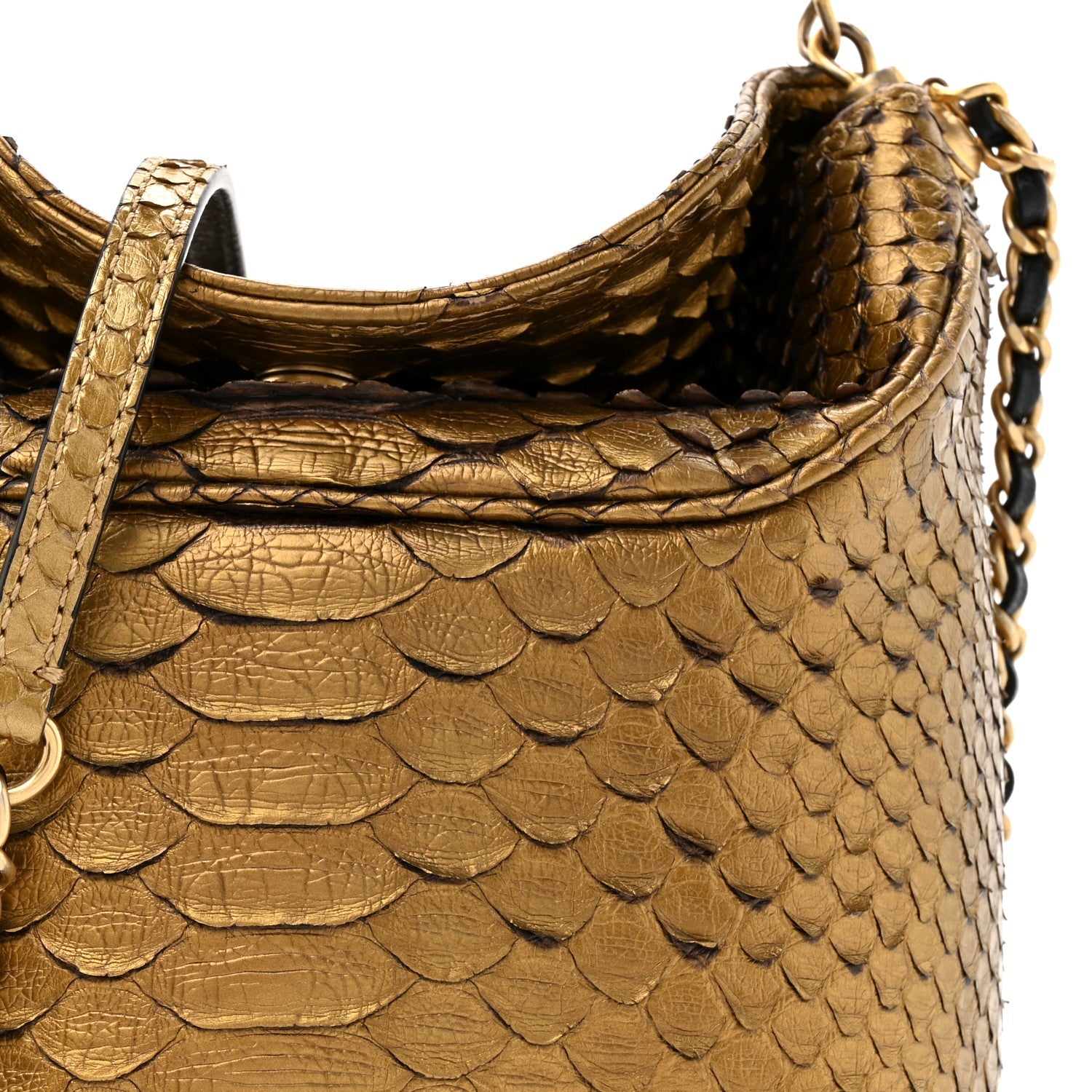 Metallic Snakeskin Paris Hamburg Drawstring Bucket Bag Gold