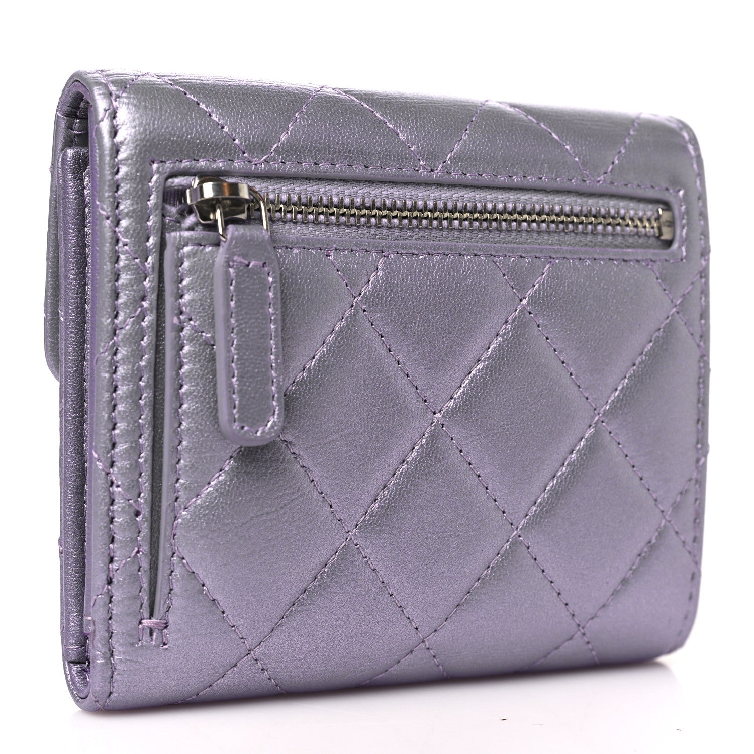 Iridescent Lambskin Quilted Compact Flap Wallet Purple