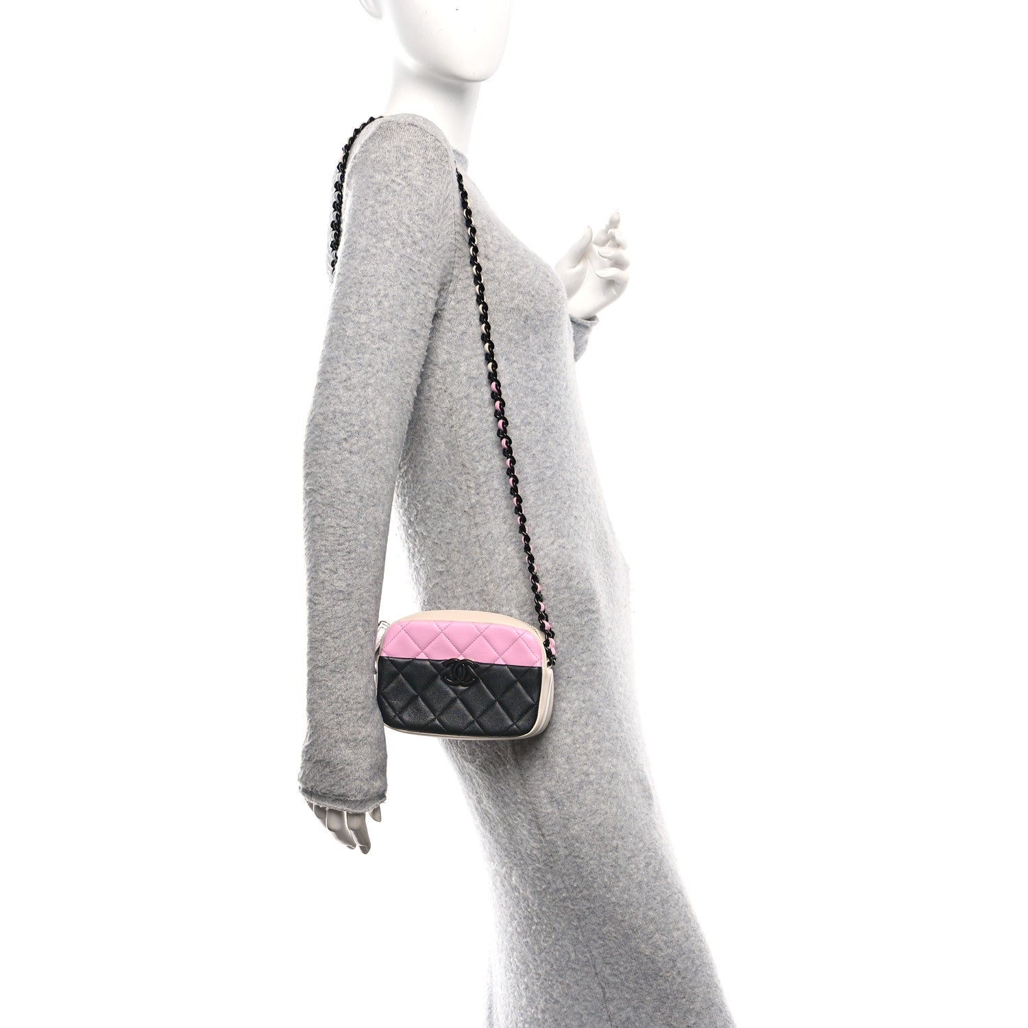 Shiny Lambskin Monochrome Chain Mini Camera Case Bag Pink Black Silver