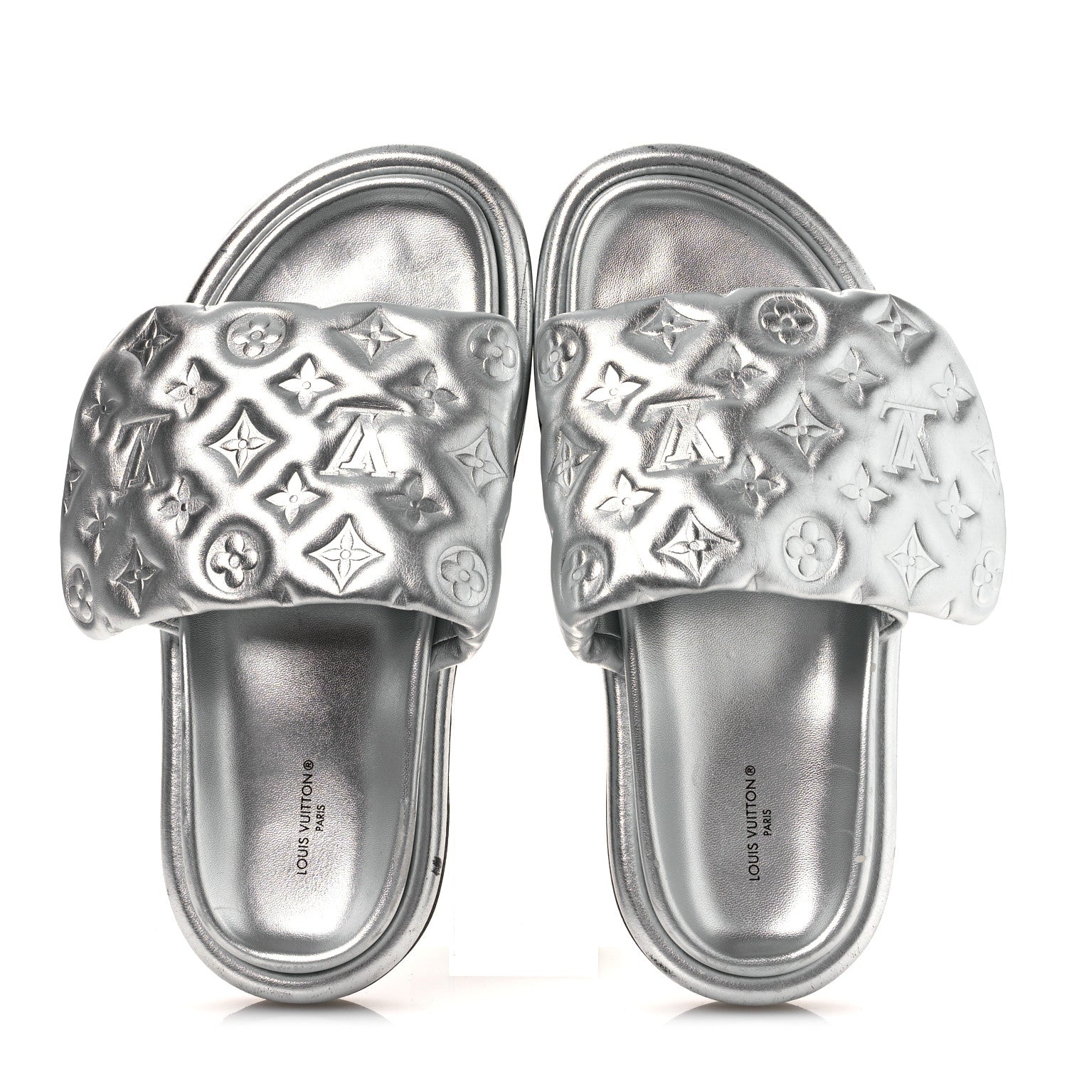 Lambskin Embossed Monogram Pool Pillow Flat Comfort Mule 39 Silver