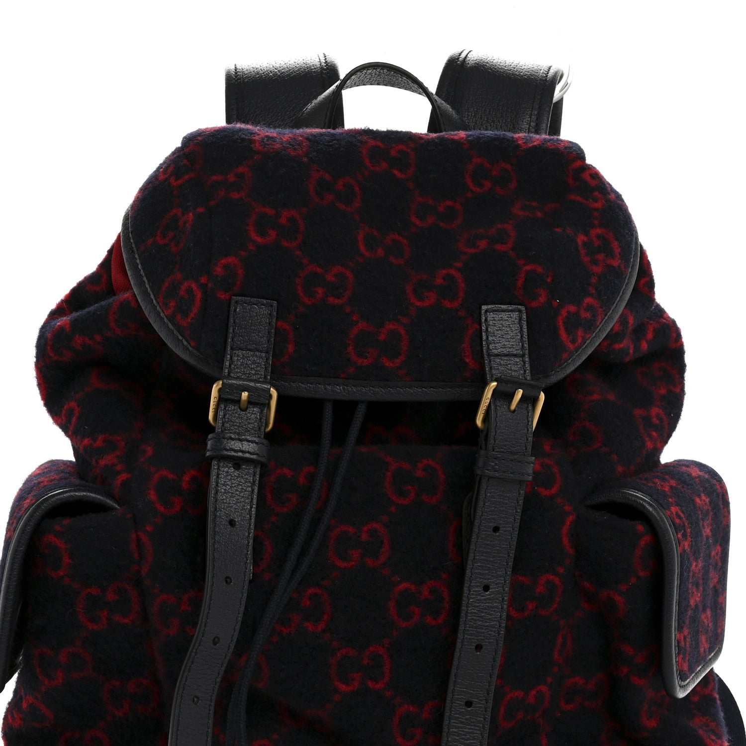 Covered Wool GG Monogram Small Double Buckle Backpack Navy Red