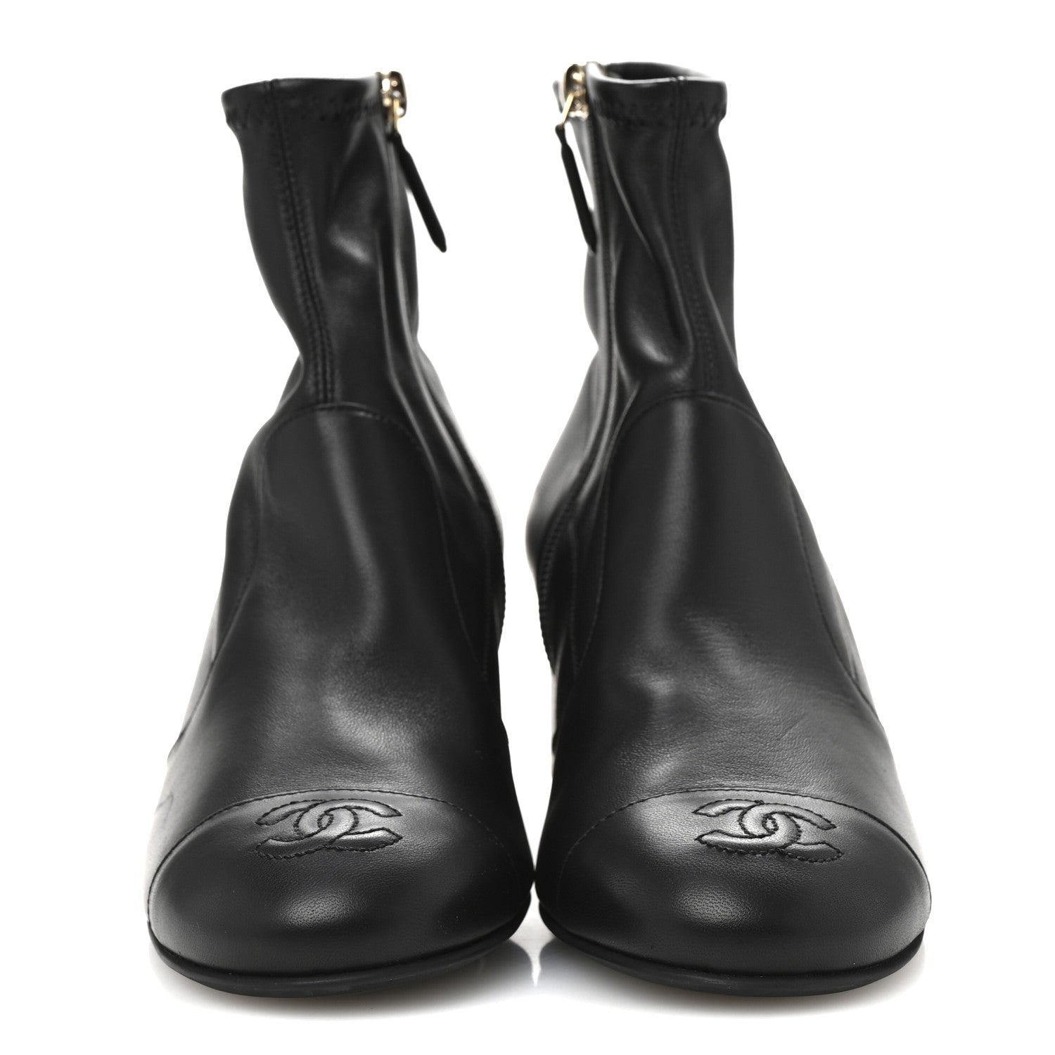 Stretch Lambskin Cap Toe CC Uniform Short Boots 37.5 Black