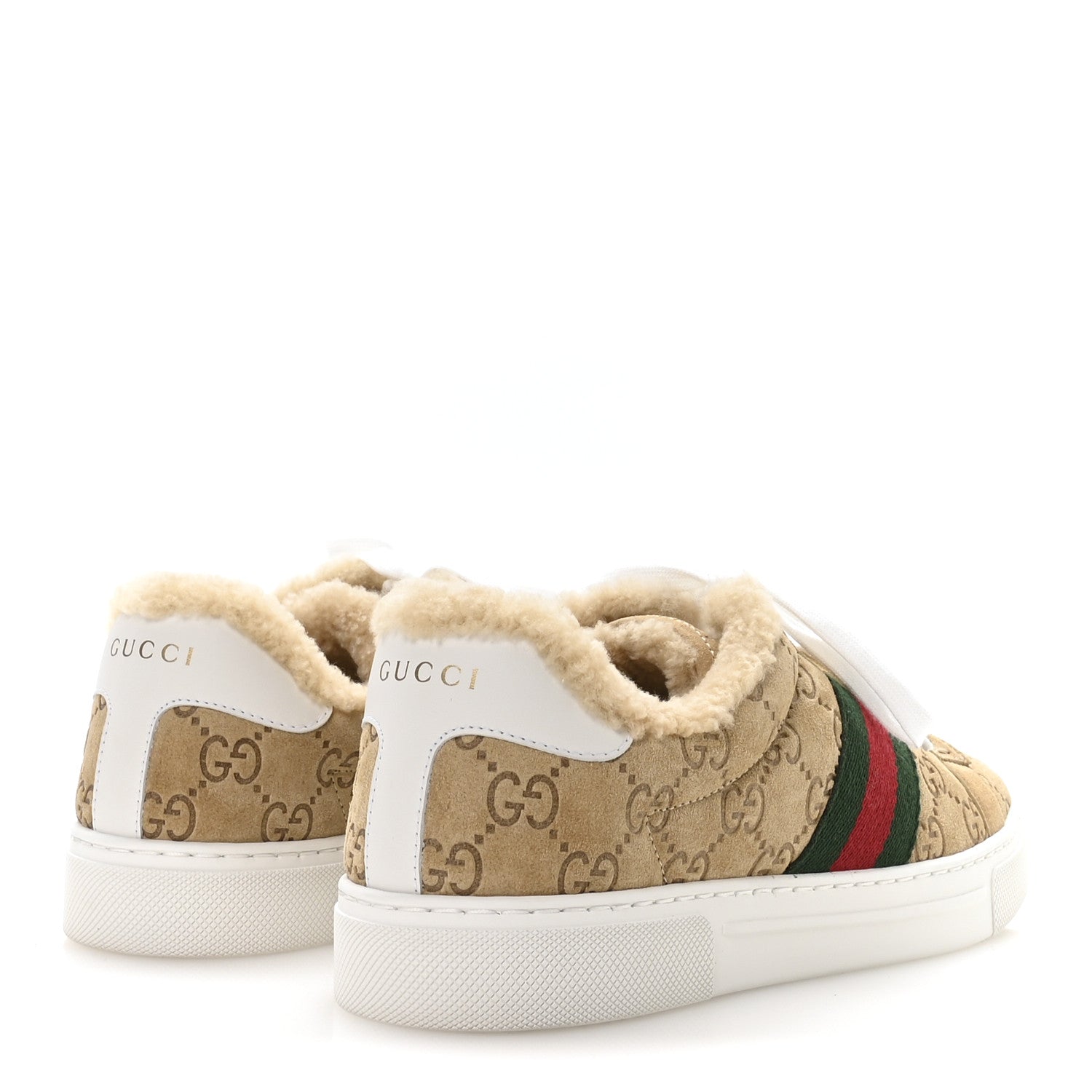 Suede Shearling Prestige GG Monogram Web Womens Ace Sneakers 37.5 Beige White Multicolor Mystic White