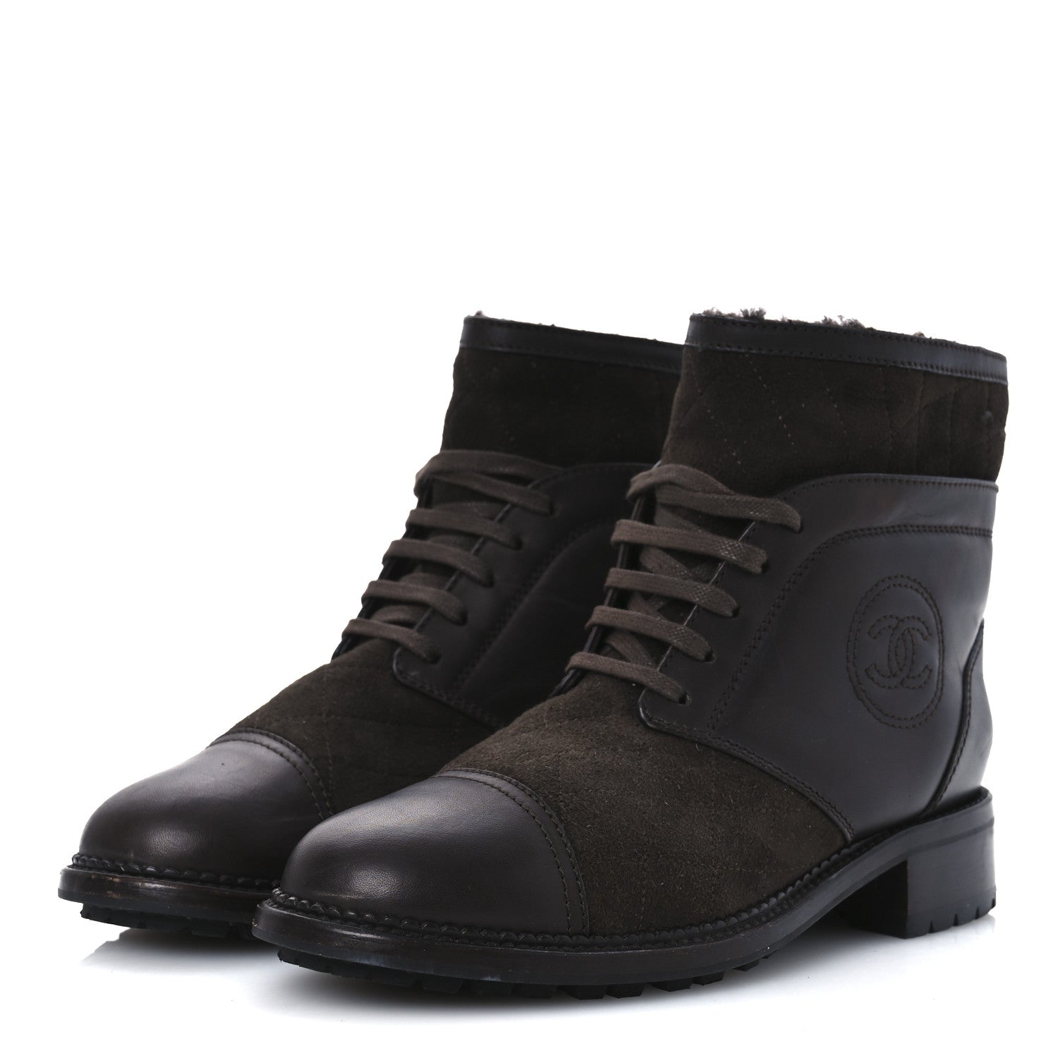 Suede Calfskin Shearling Cap Toe CC Short Boots 39 Brown