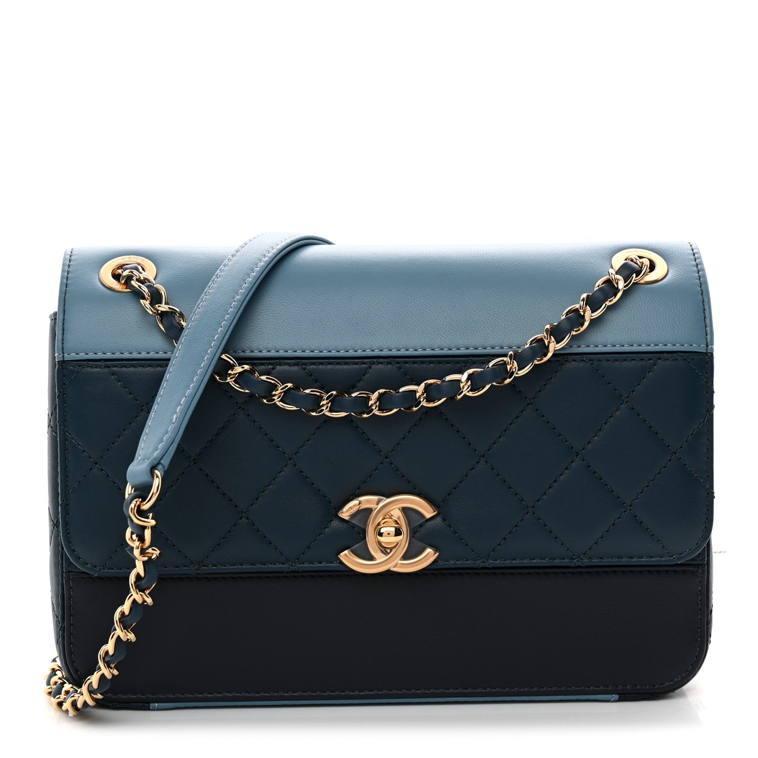 Lambskin Calfskin Quilted Shoulder Flap Bag Dark Blue Light Blue