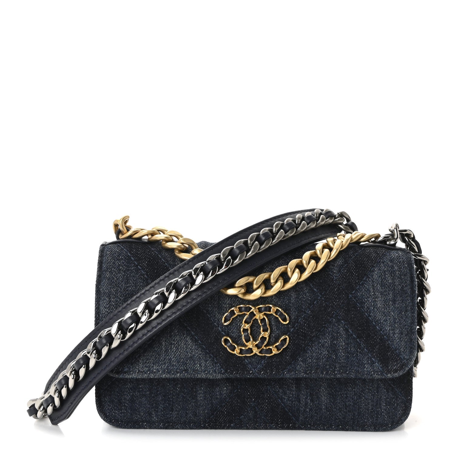 Denim Quilted Chanel 19 Flap Phone Holder With Chain Blue
