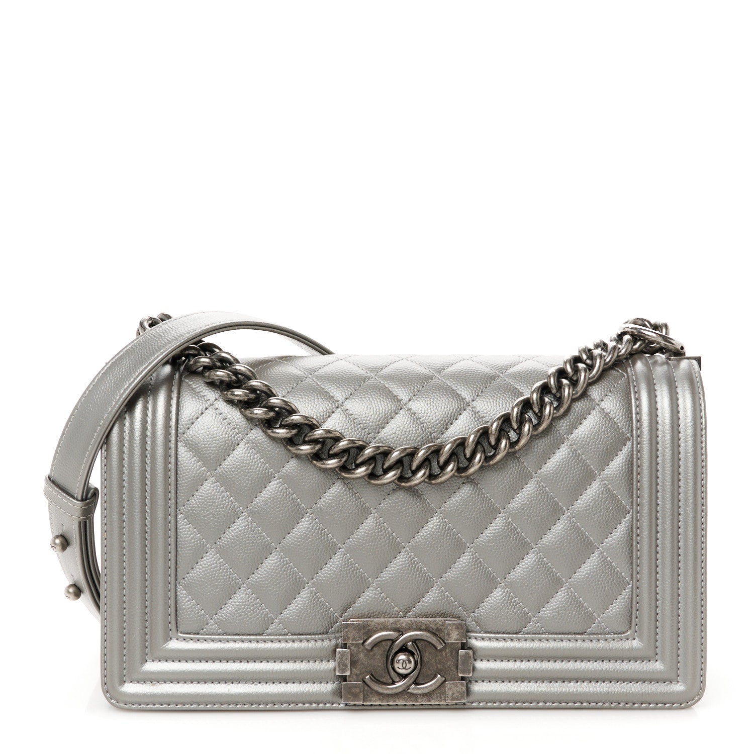 Metallic Caviar Quilted Medium Boy Flap Silver