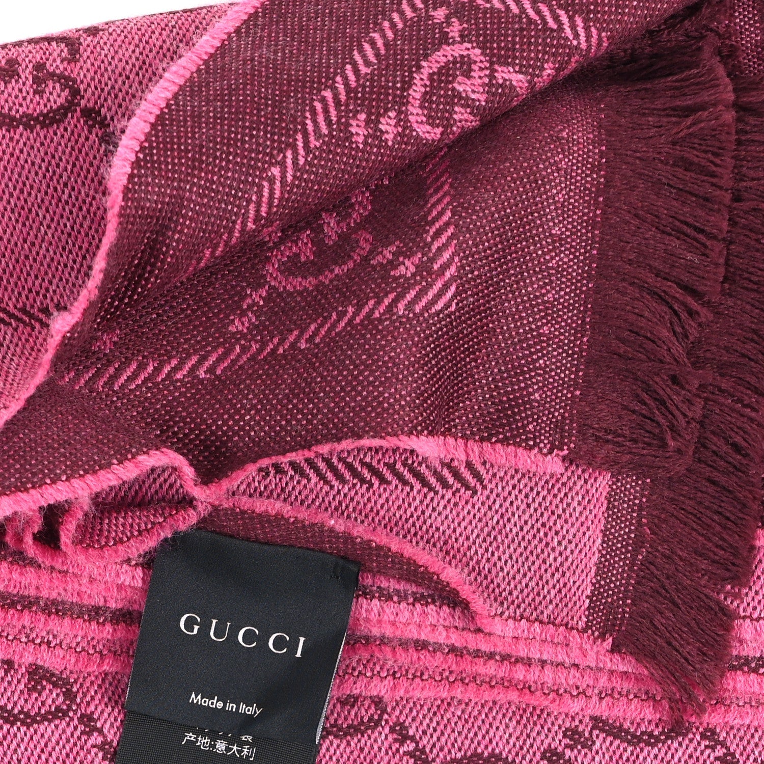 Wool Jacquard GG Monogram Sten Fringe Scarf Magenta Bordeaux