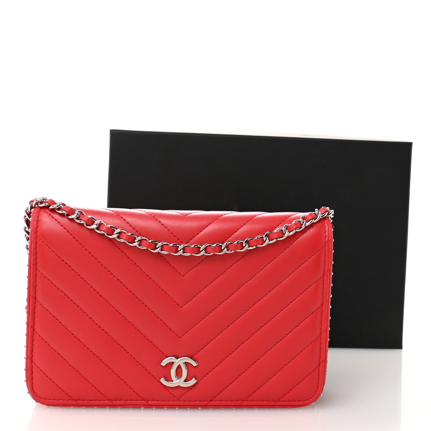 Lambskin Chevron Quilted Studded Wallet On Chain WOC Light Red