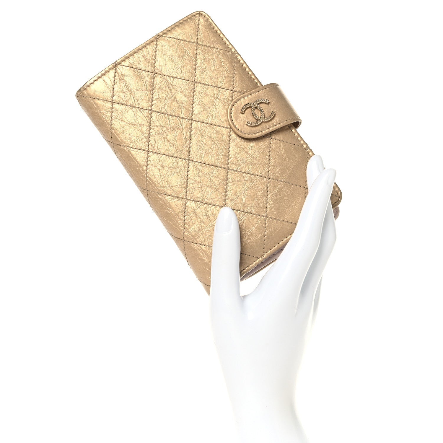 Metallic Calfskin Quilted Brilliant Zipped Pocket Wallet Gold
