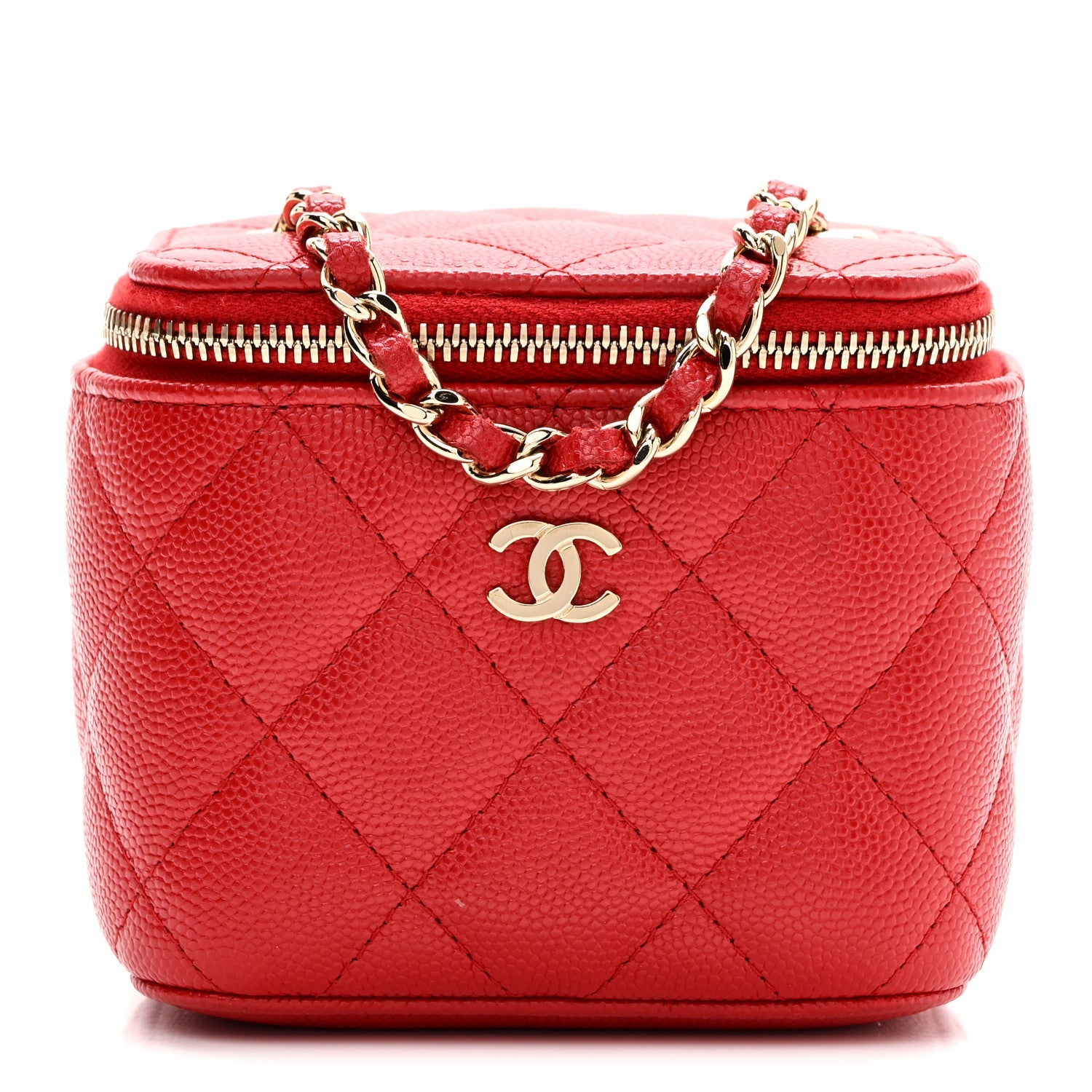 Caviar Quilted Mini Vanity Case With Chain Red