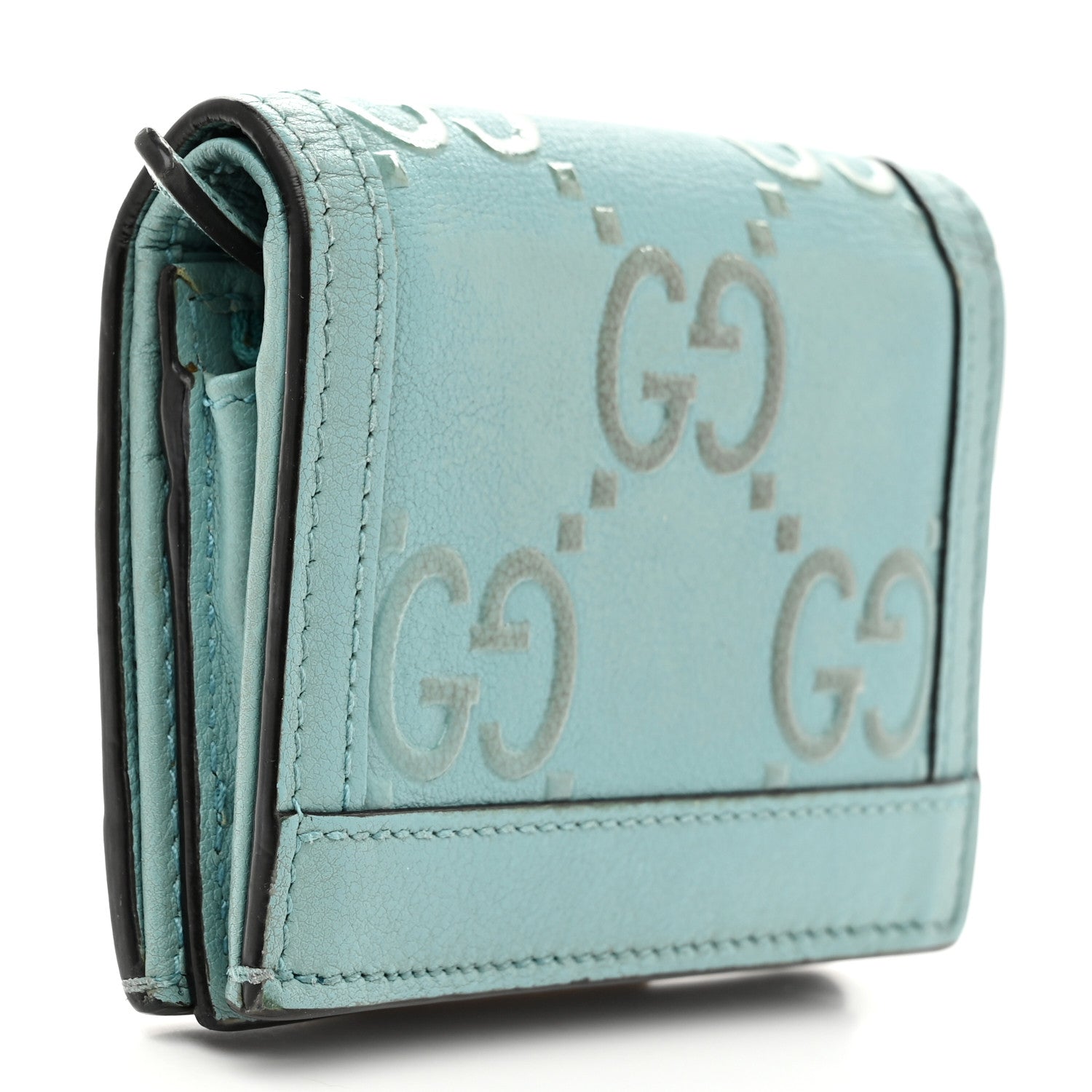 Wonka Grain Calfskin GG Monogram Embossed Card Case Wallet Dusty Azure