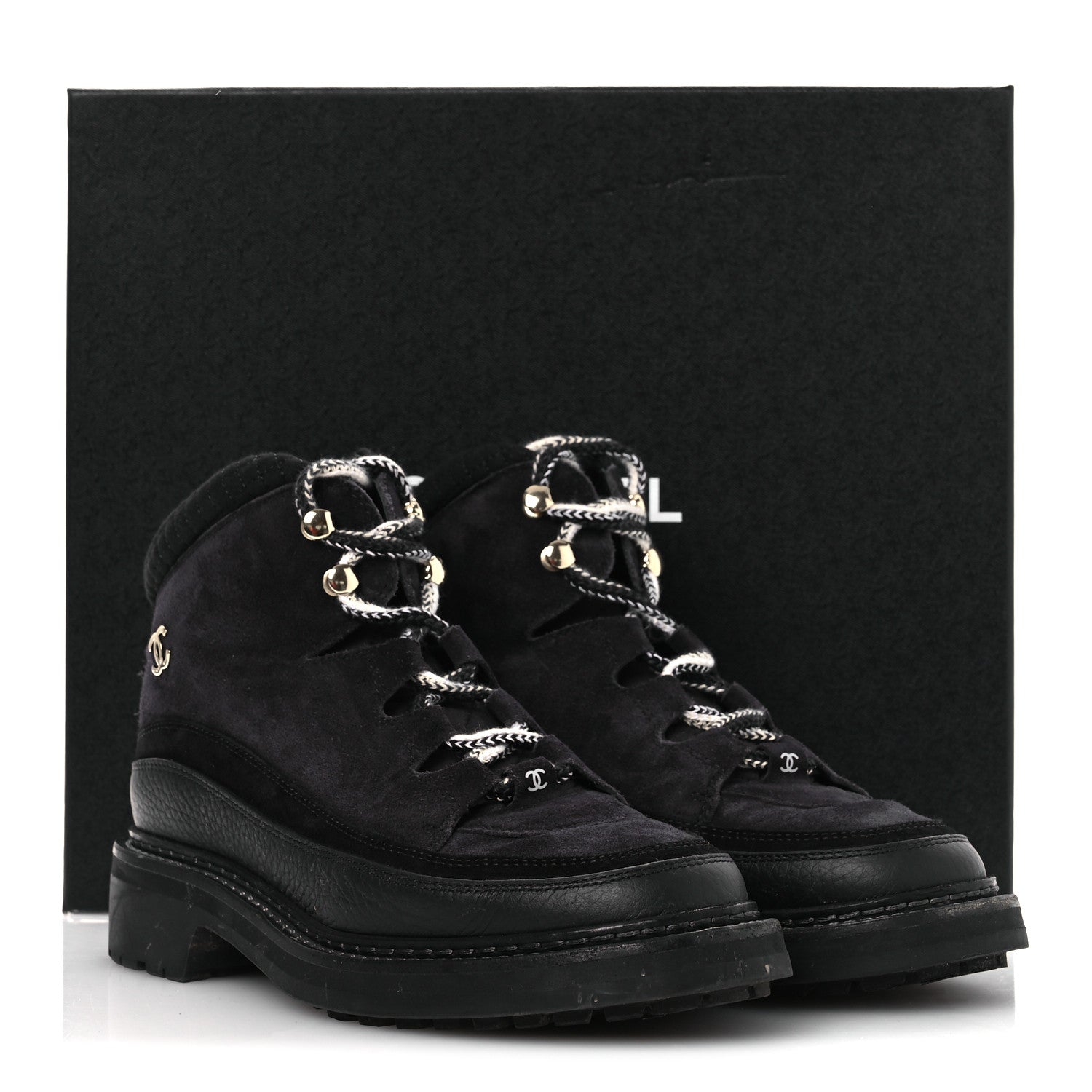 Suede Grained Calfskin CC Lace Up Boots 38 Black