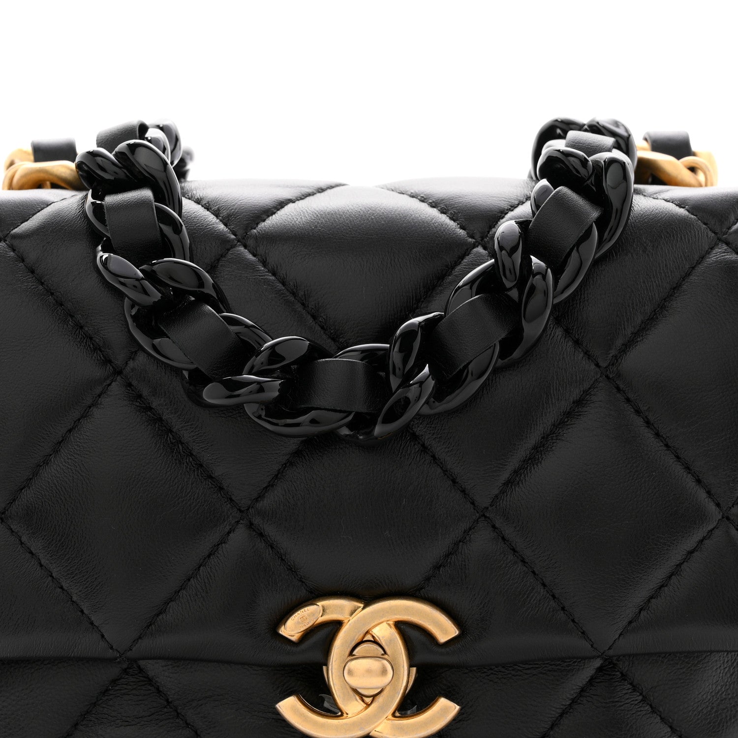Lambskin Quilted Mini Lacquered Chain Flap Black