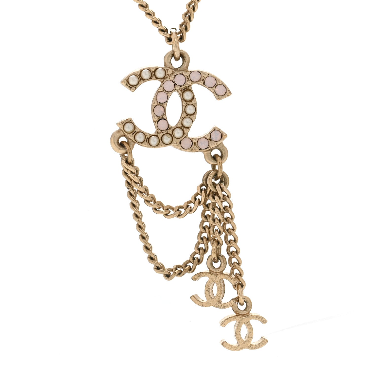 Pearl Crystal CC Chain Necklace Gold Pink