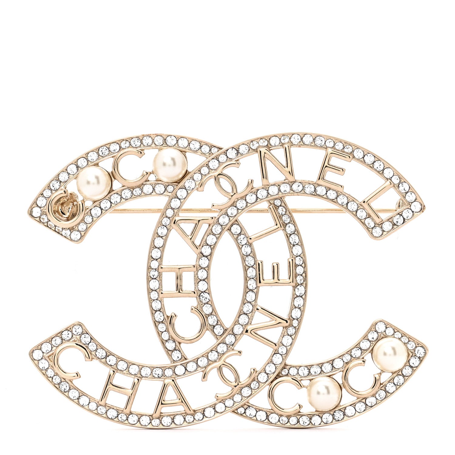 Crystal Pearl Coco CC Logo Brooch Gold