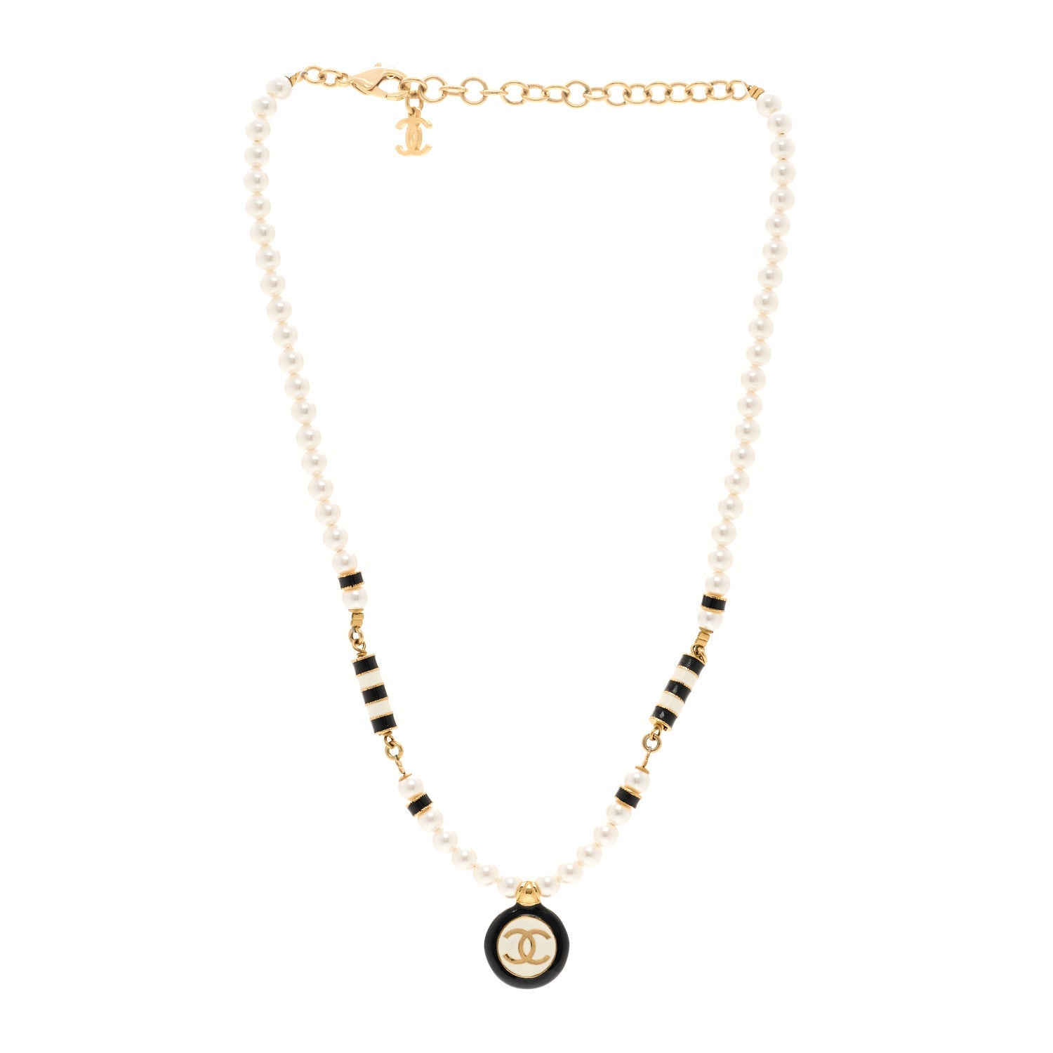 Pearl Enamel CC Short Necklace White Gold Black