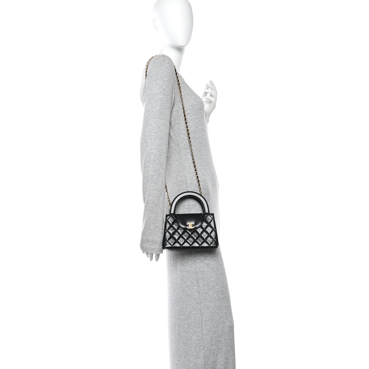 Shiny Aged Calfskin Quilted Nano Kelly Shopper Black
