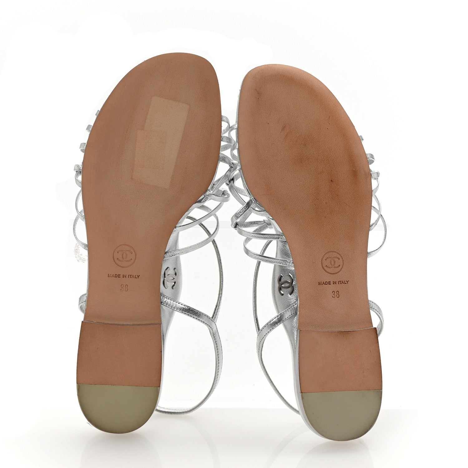 Laminated Lambskin CC Sandals 38 Silver