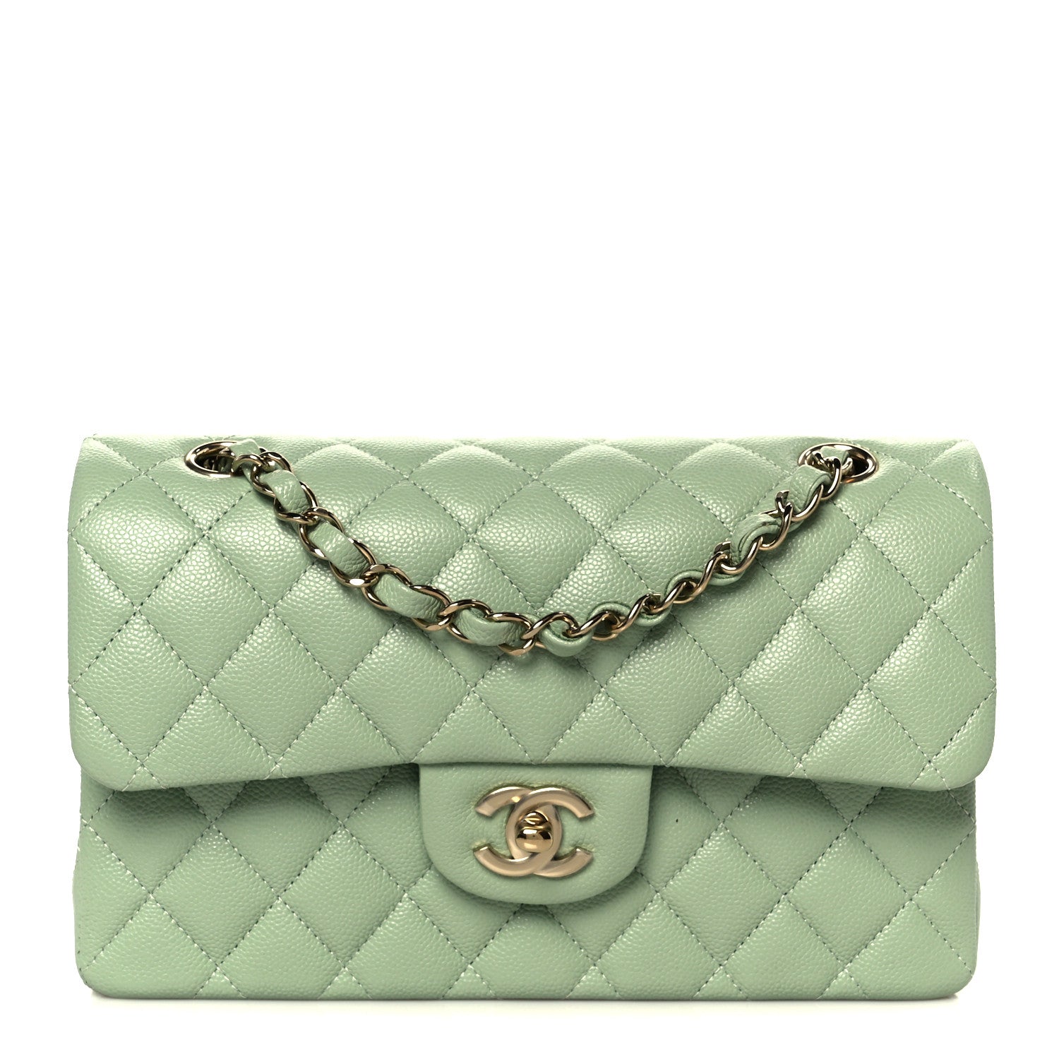 Caviar Quilted Small Double Flap Light Green