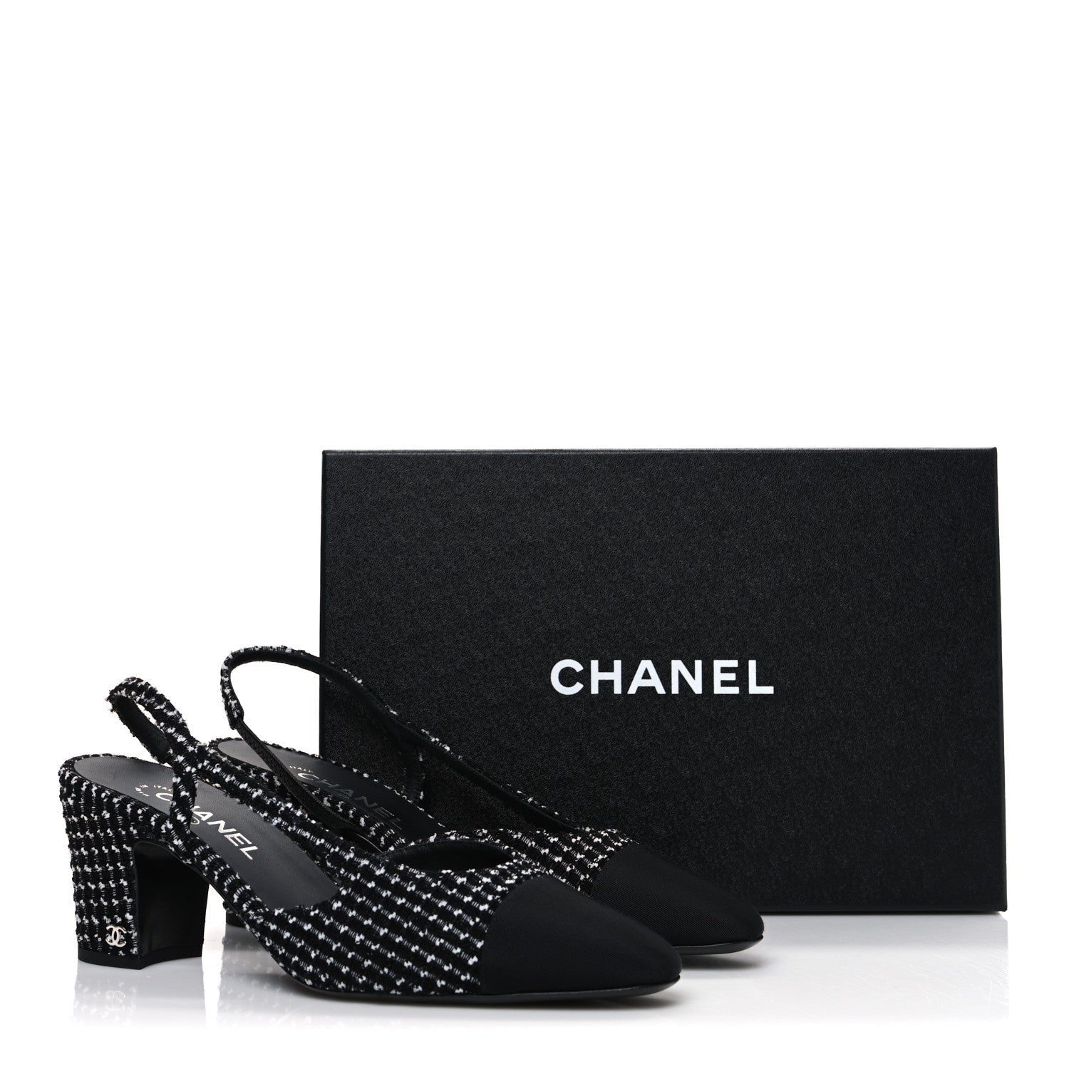 Tweed Grosgrain Cap Toe CC Slingback Pumps 40.5 Black White