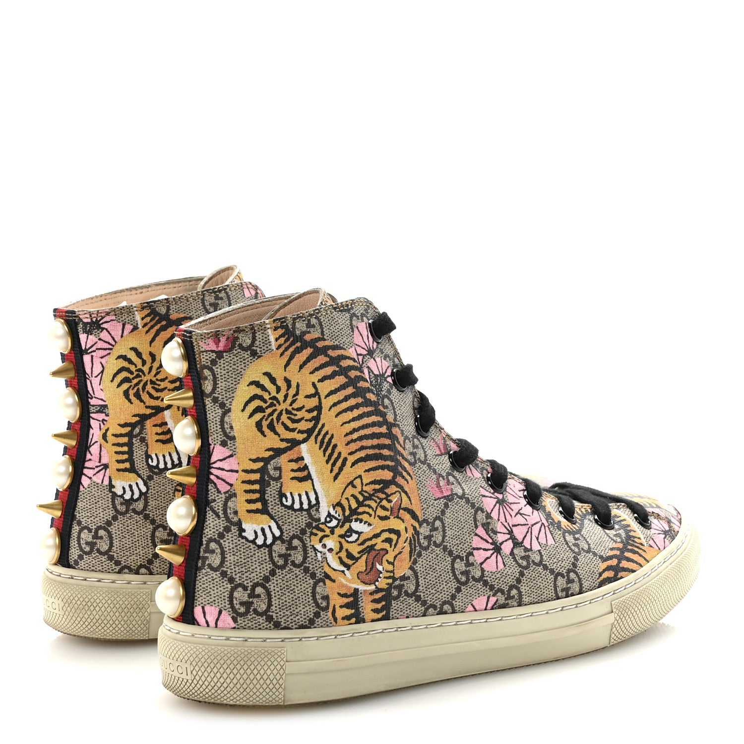 GG Supreme Monogram Bengal Pearl Womens High Top Sneakers 38 Beige Pink