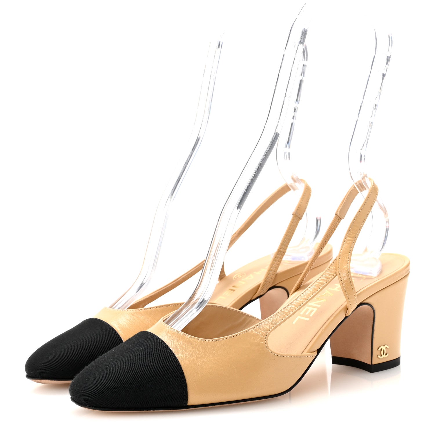 Goatskin Grosgrain Cap Toe CC Slingback Pumps 37.5 Beige Black