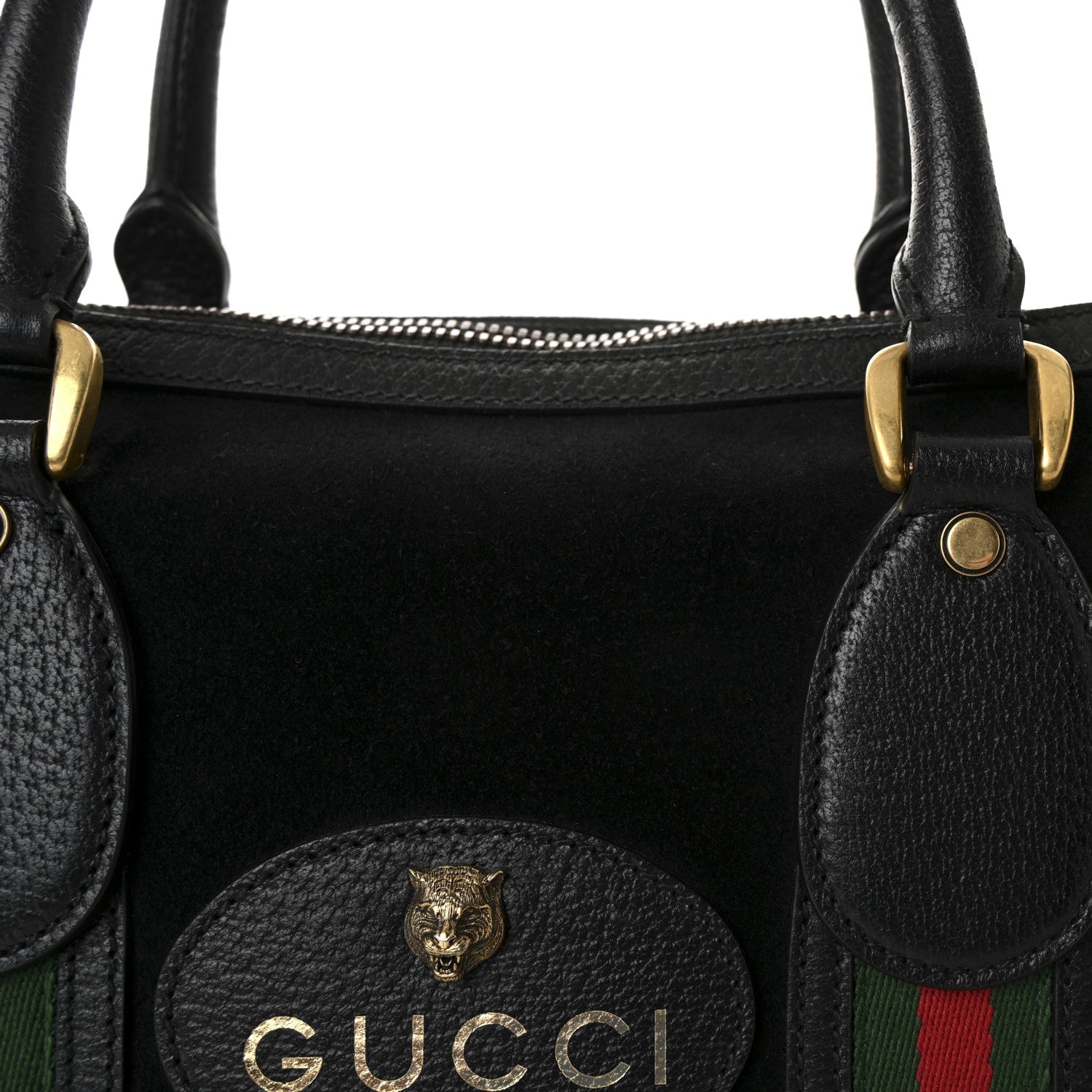 Suede Daino Textured Dollar Calfskin Web Medium Duffle Bag Black