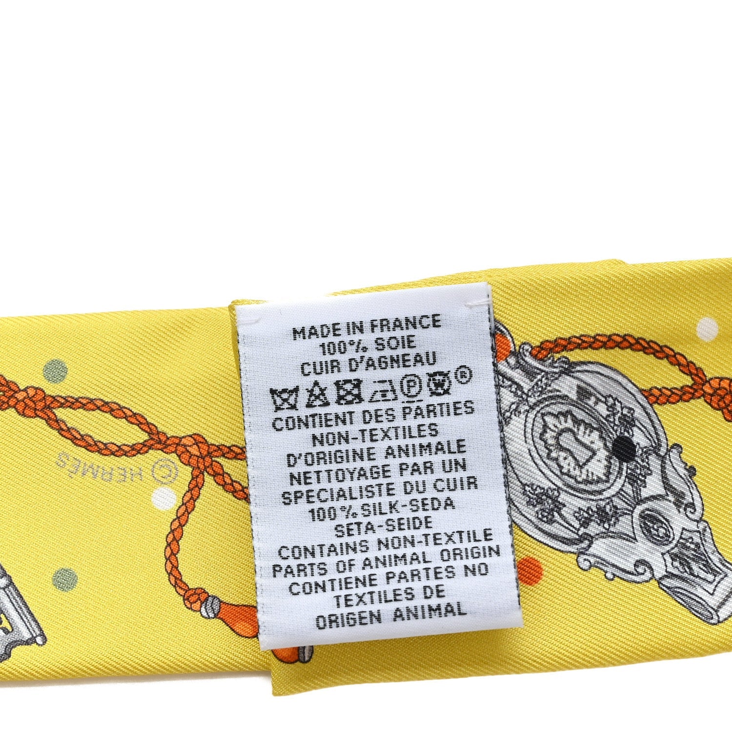 Silk Calfskin Les Cles A Pois Fringed Twilly Jaune Argent Orange Vif