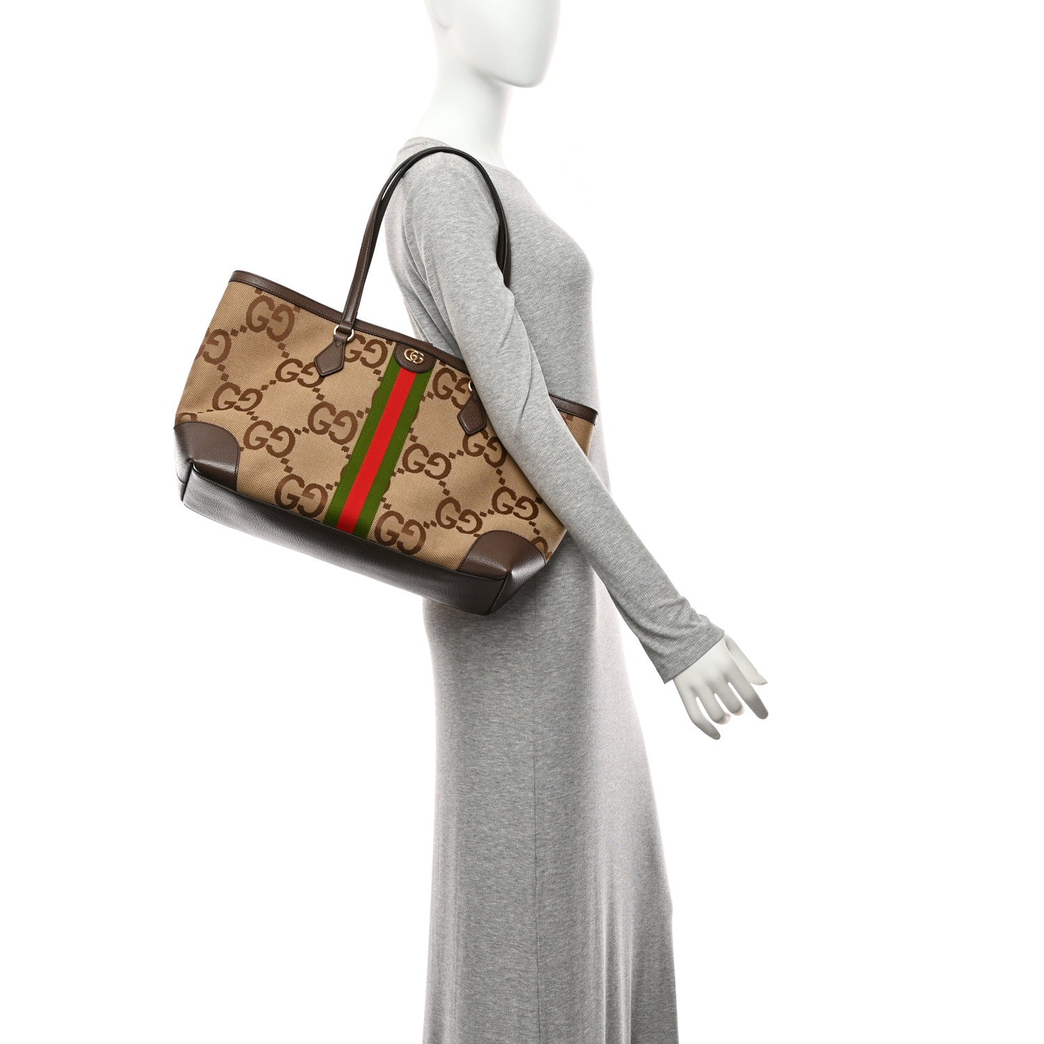 Monogram Jumbo GG Textured Dollar Calfskin Web Medium Ophidia Shopping Tote Camel Ebony