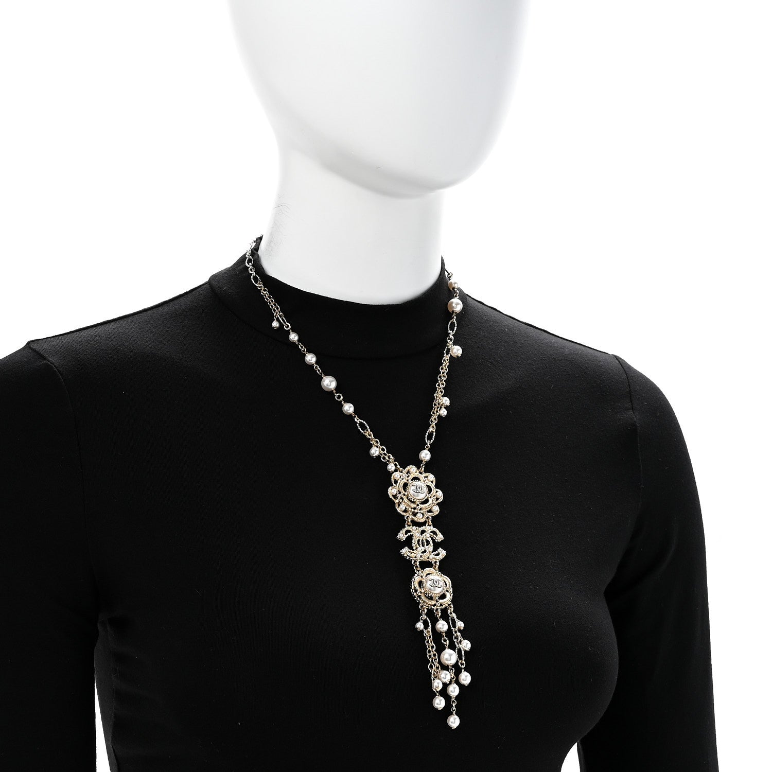 Pearl Crystal CC Camellia Choker Necklace Gold