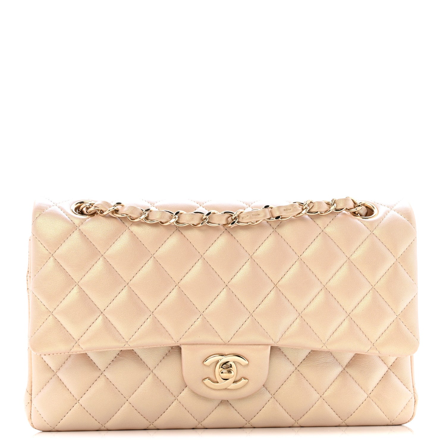 Iridescent Lambskin Quilted Medium Double Flap Beige