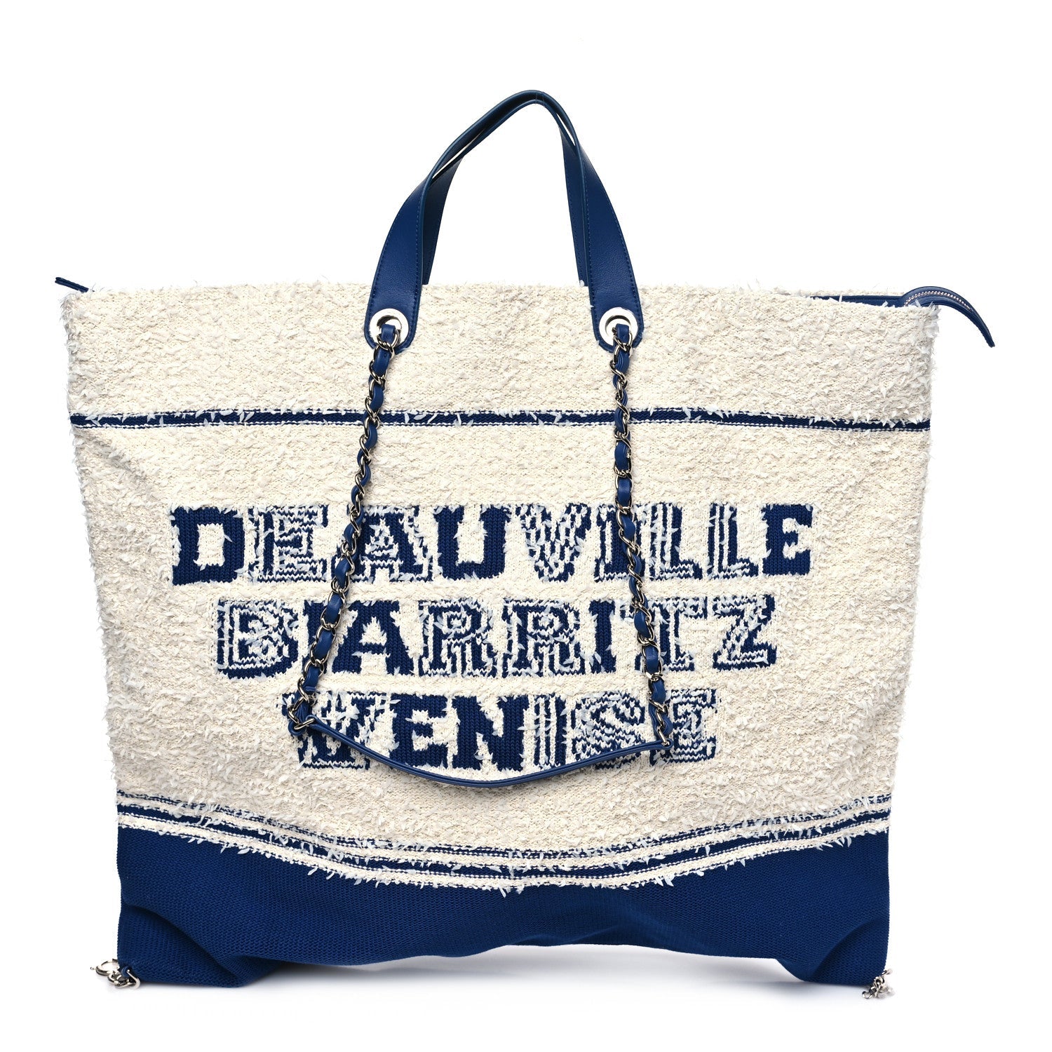 Mixed Fibers Lambskin Venise Biarritz Maxi Tote Blue White