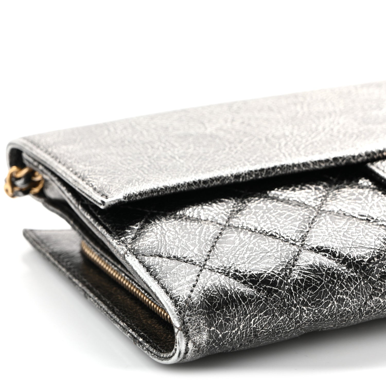 Cracked Metallic Calfskin Quilted Zip Away Chain Clutch Dark Silver
