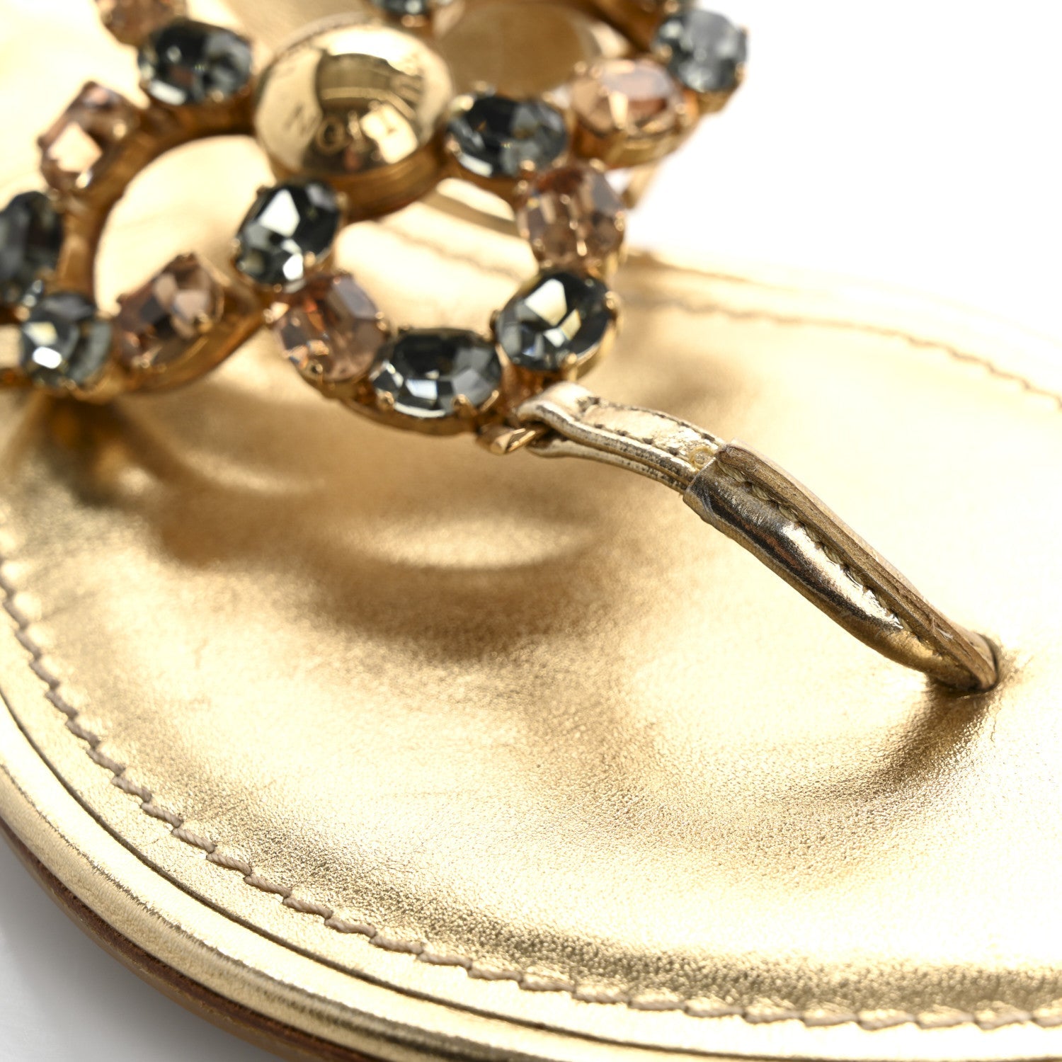 Metallic Calfskin Crystal Flower Thong Flat Sandals 37.5 Gold