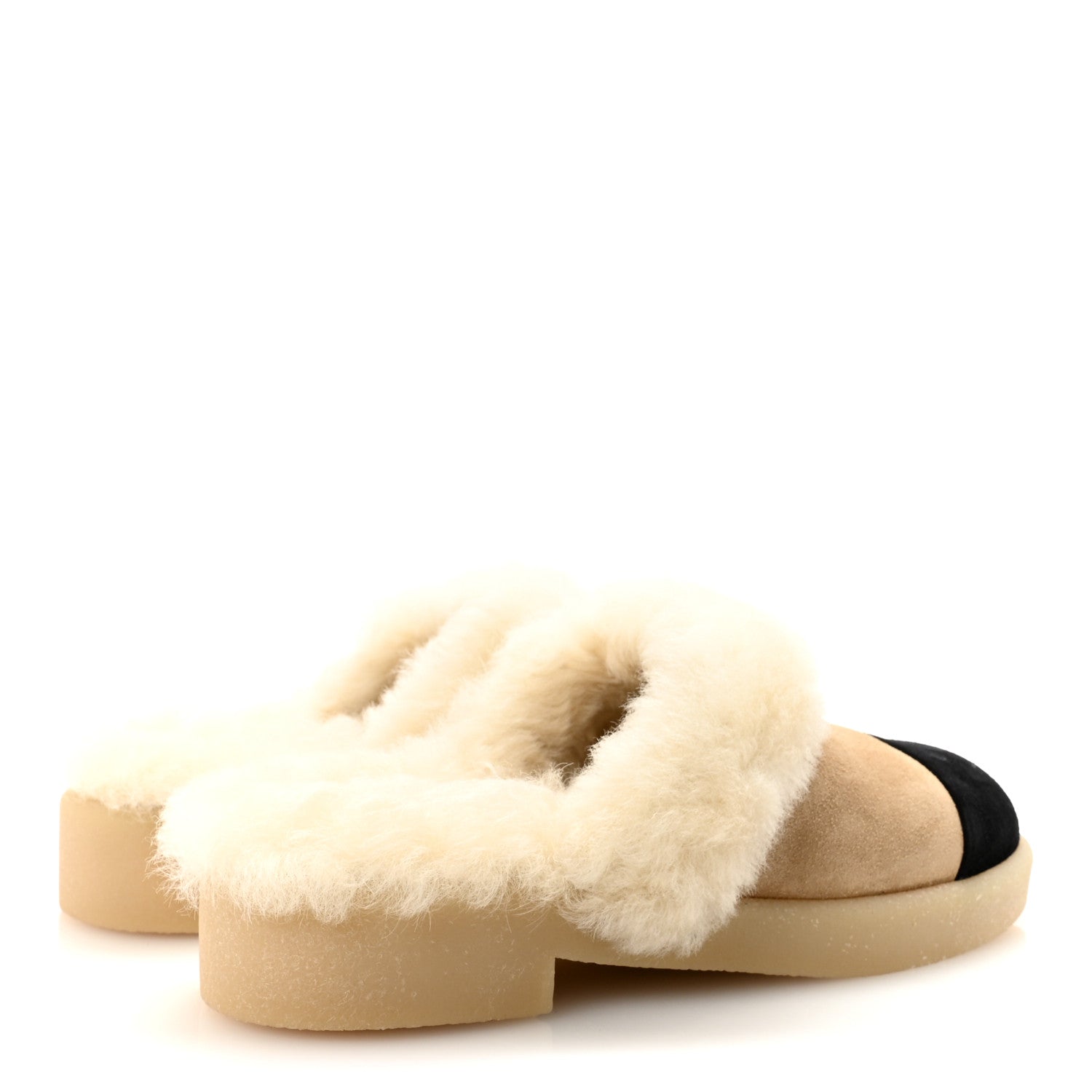 Suede Shearling CC Cap Toe Mules 36 Beige Black