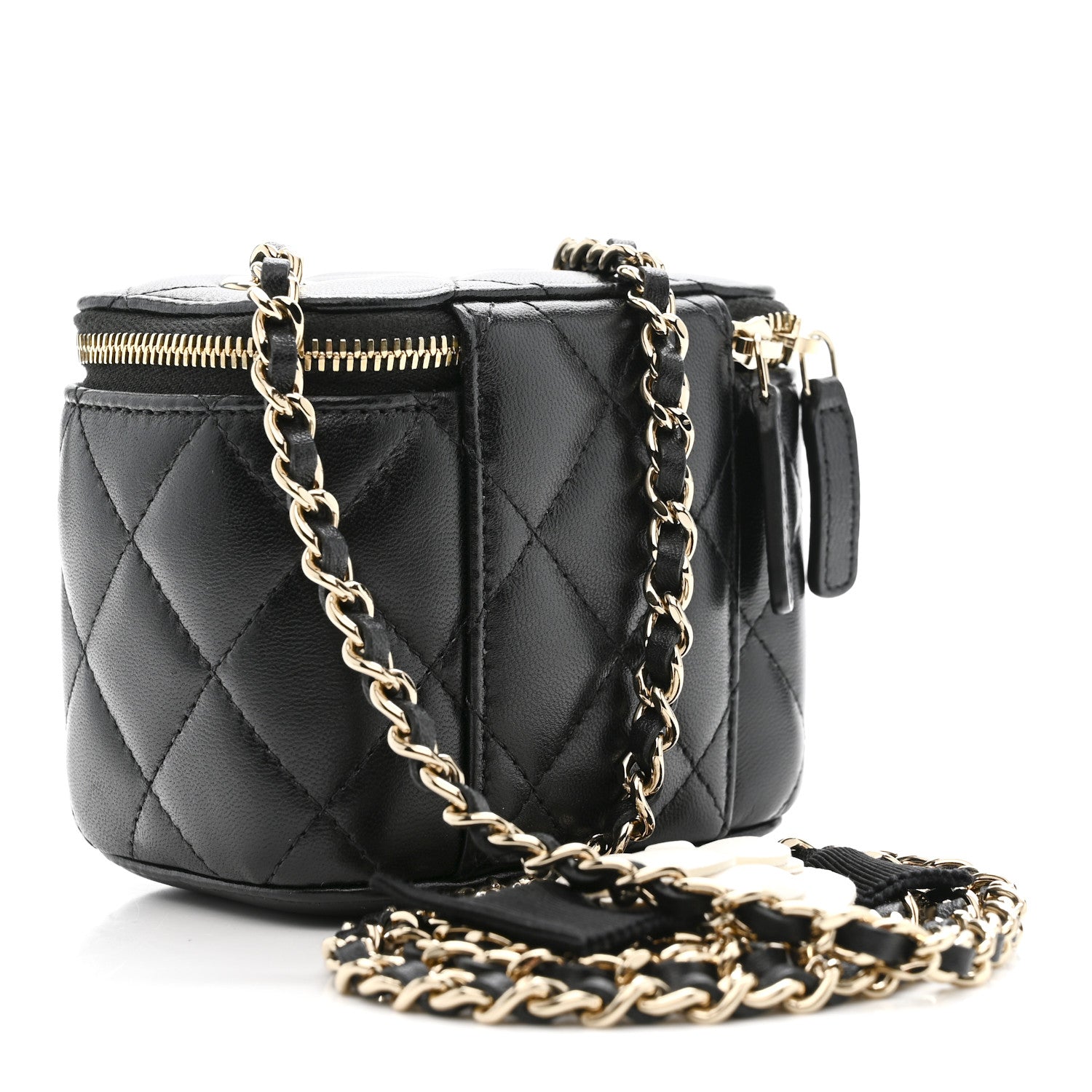 Lambskin Quilted Mini Camellia Bow Vanity Case With Chain Black