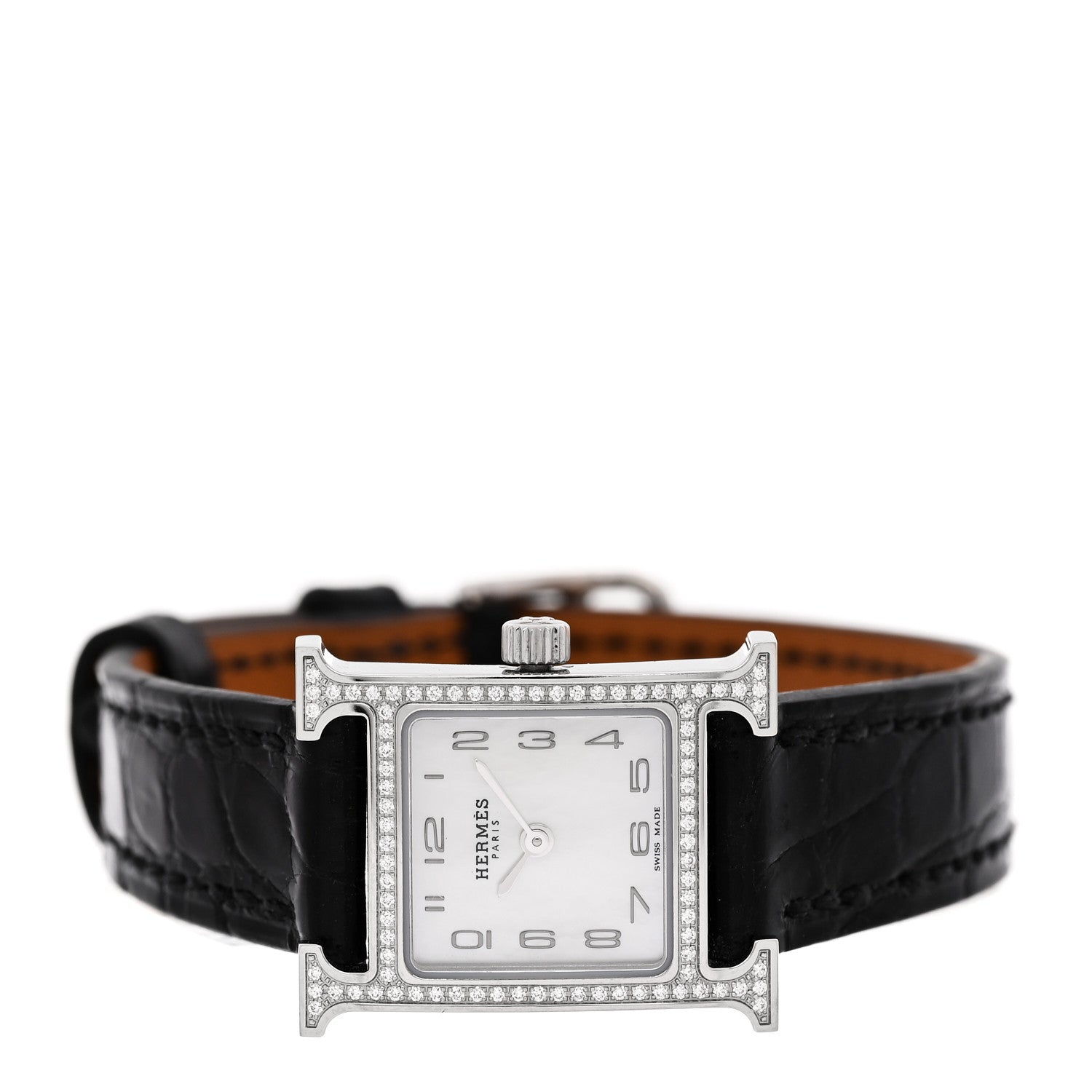 Stainless Steel Alligator Diamond Bezel Mother of Pearl 17.2mm Heure H Hour Quartz Watch Noir
