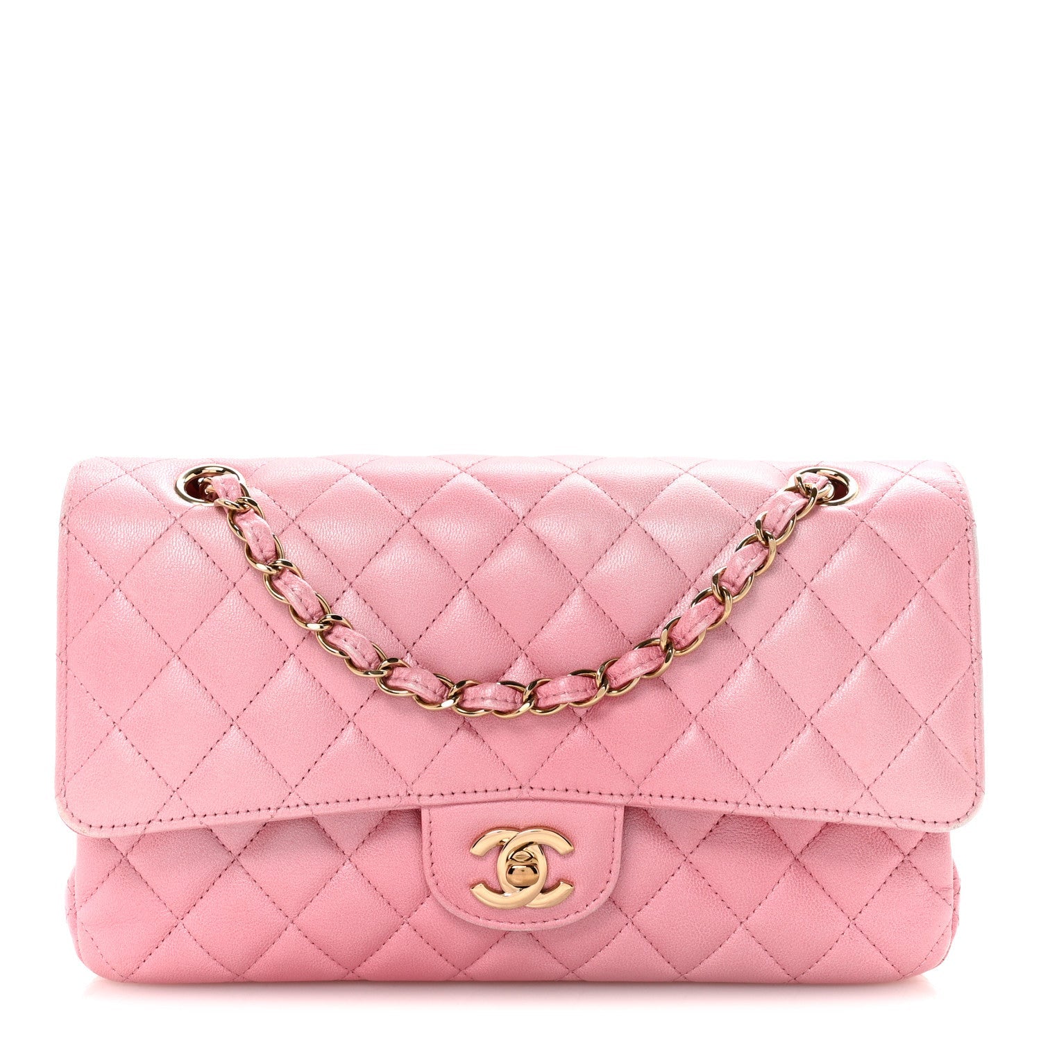 Cloudy Pearly Goatskin Quilted Medium Double Flap Pink