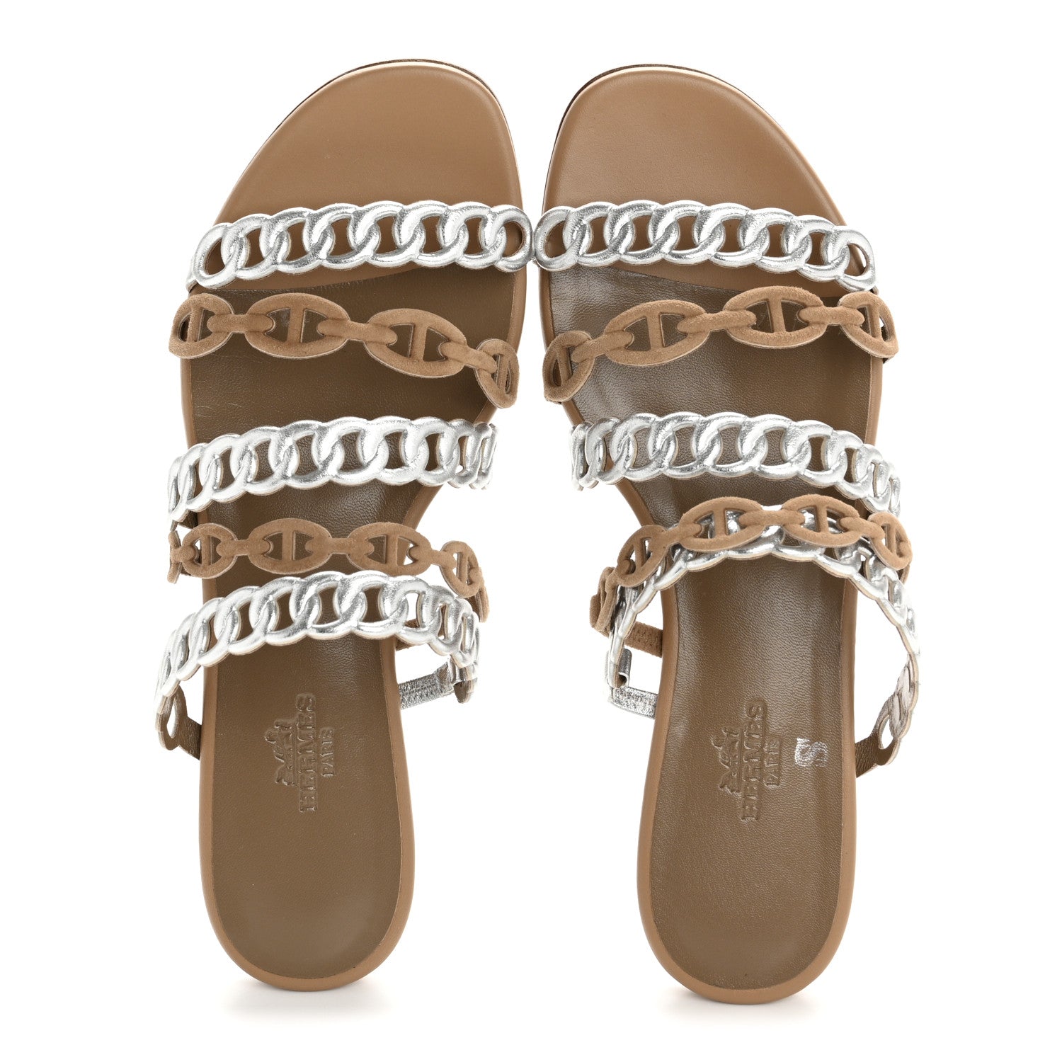 Metallic Nappa Suede Chaine d'Ancre Nude Sandals 36 Beige Sable Gris Argente