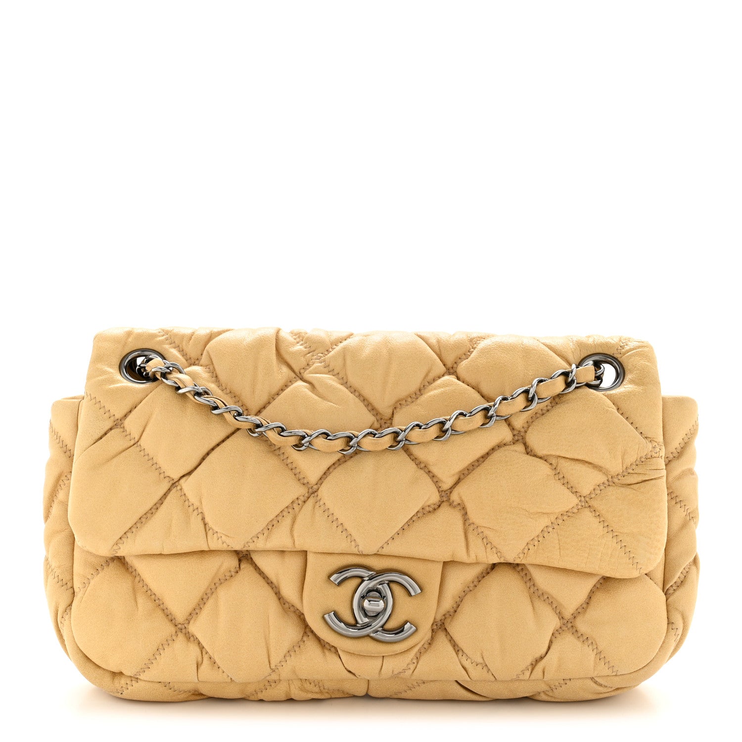 Calfskin Quilted Medium Bubble Quilt Flap Bag Beige
