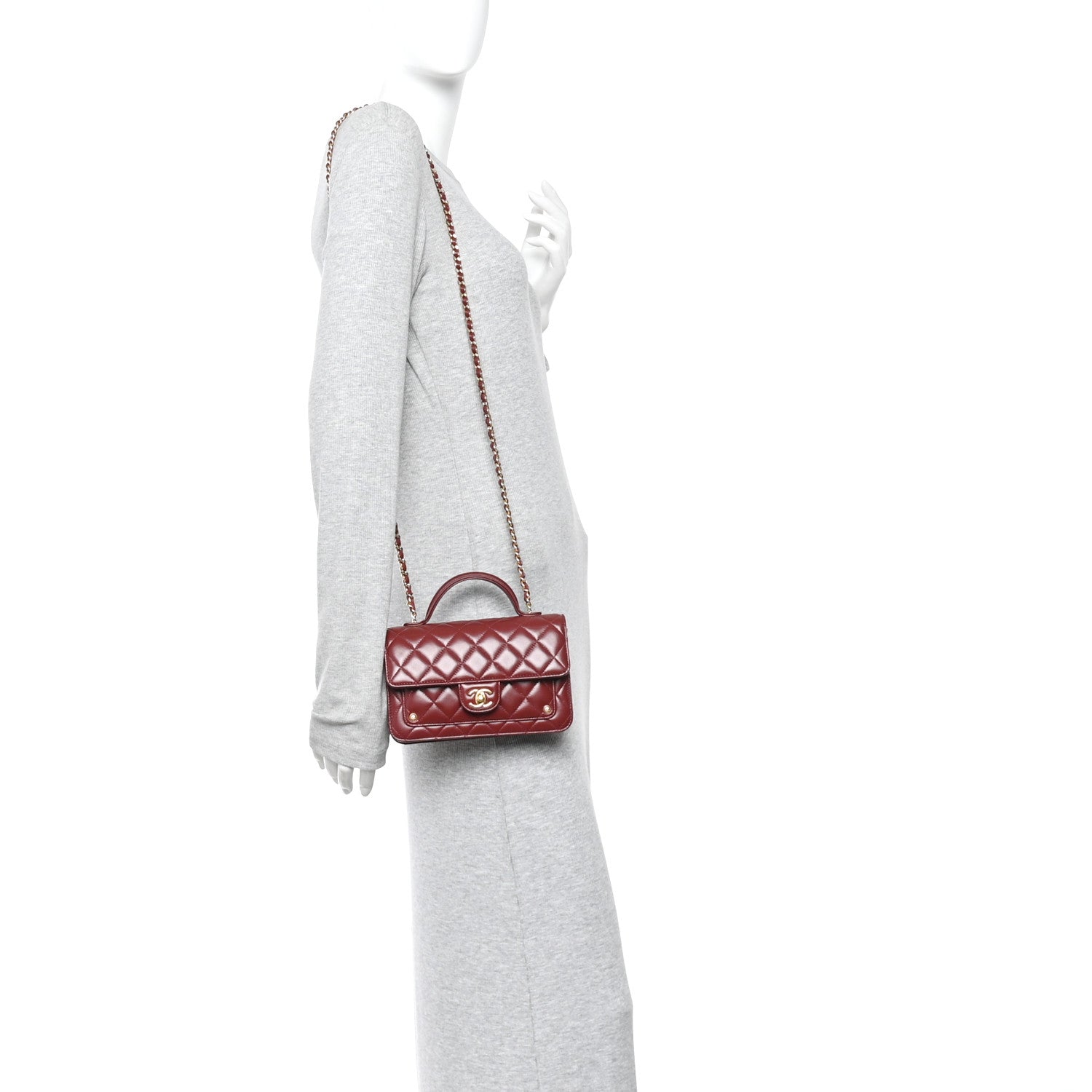 Lambskin Quilted Top Handle Clutch With Chain Burgundy