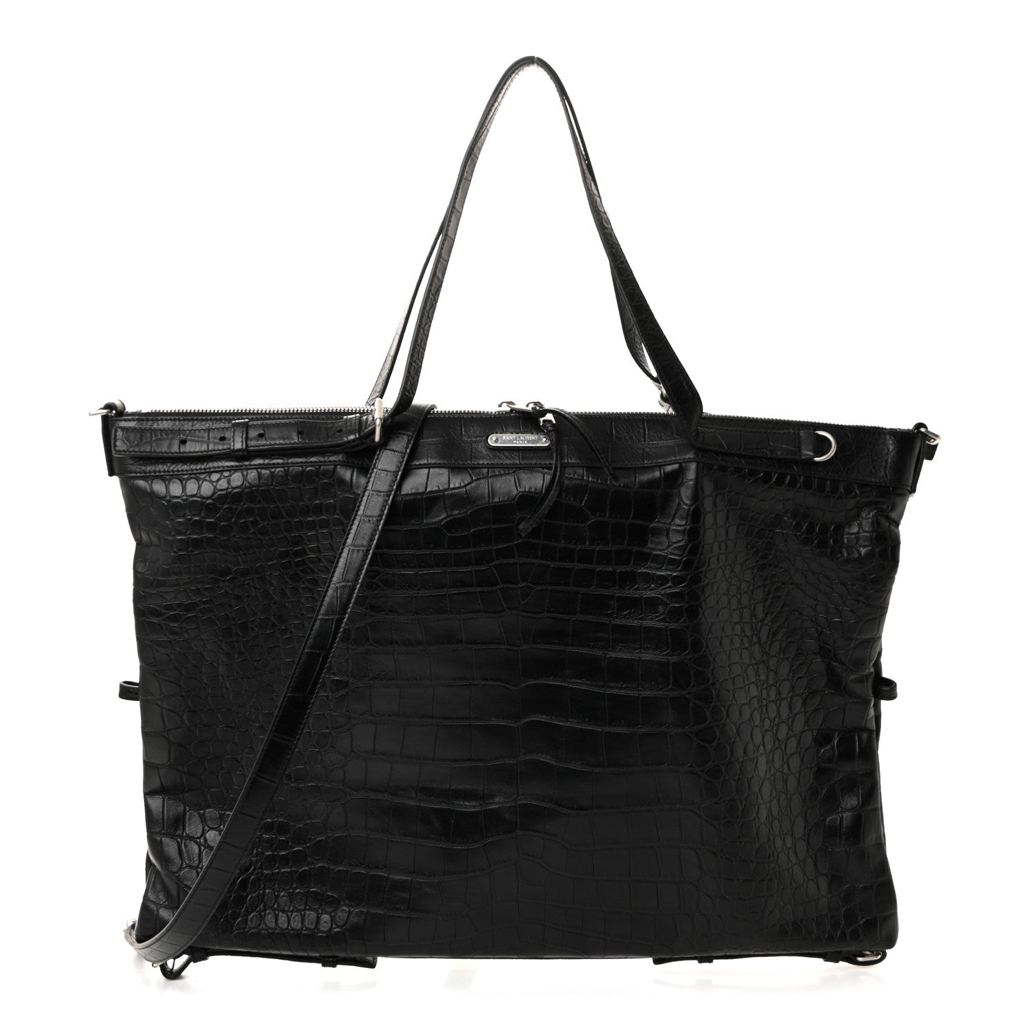 Calfskin Crocodile Embossed Large Convertible ID Bag Black