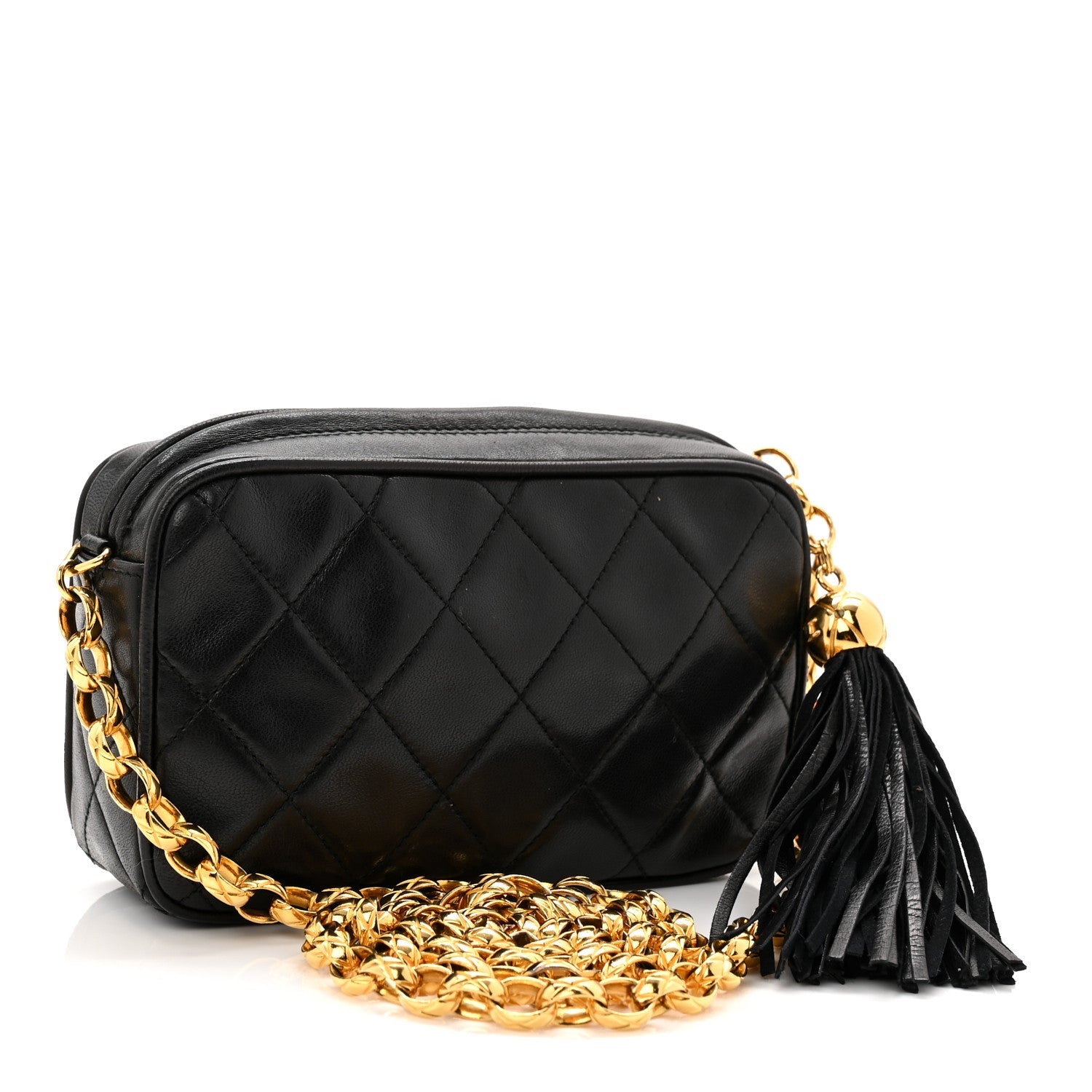 Lambskin Quilted Tassel Camera Case Black