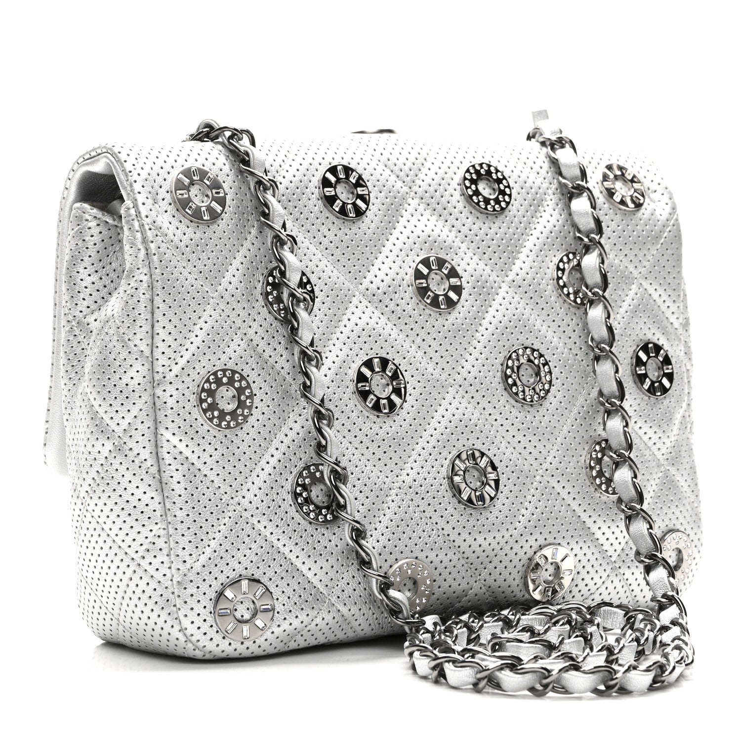 Perforated Metallic Lambskin Small CC Medals Flap Silver