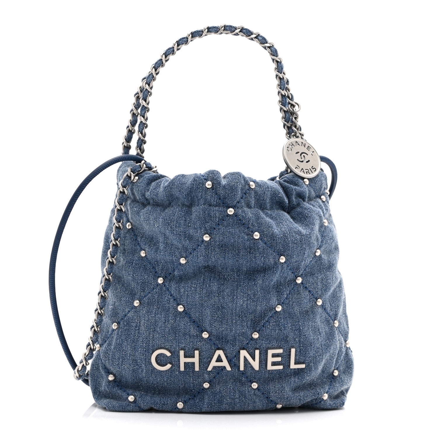 Washed Denim Quilted Studded Mini Chanel 22 Blue