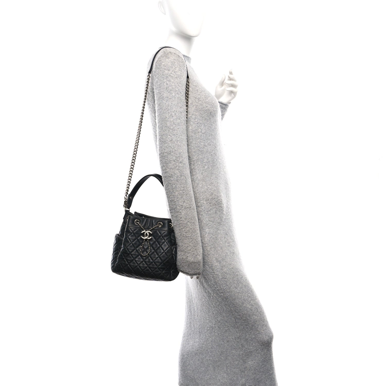 Caviar Flat Quilted CC Chain Bucket Drawstring Bag Black