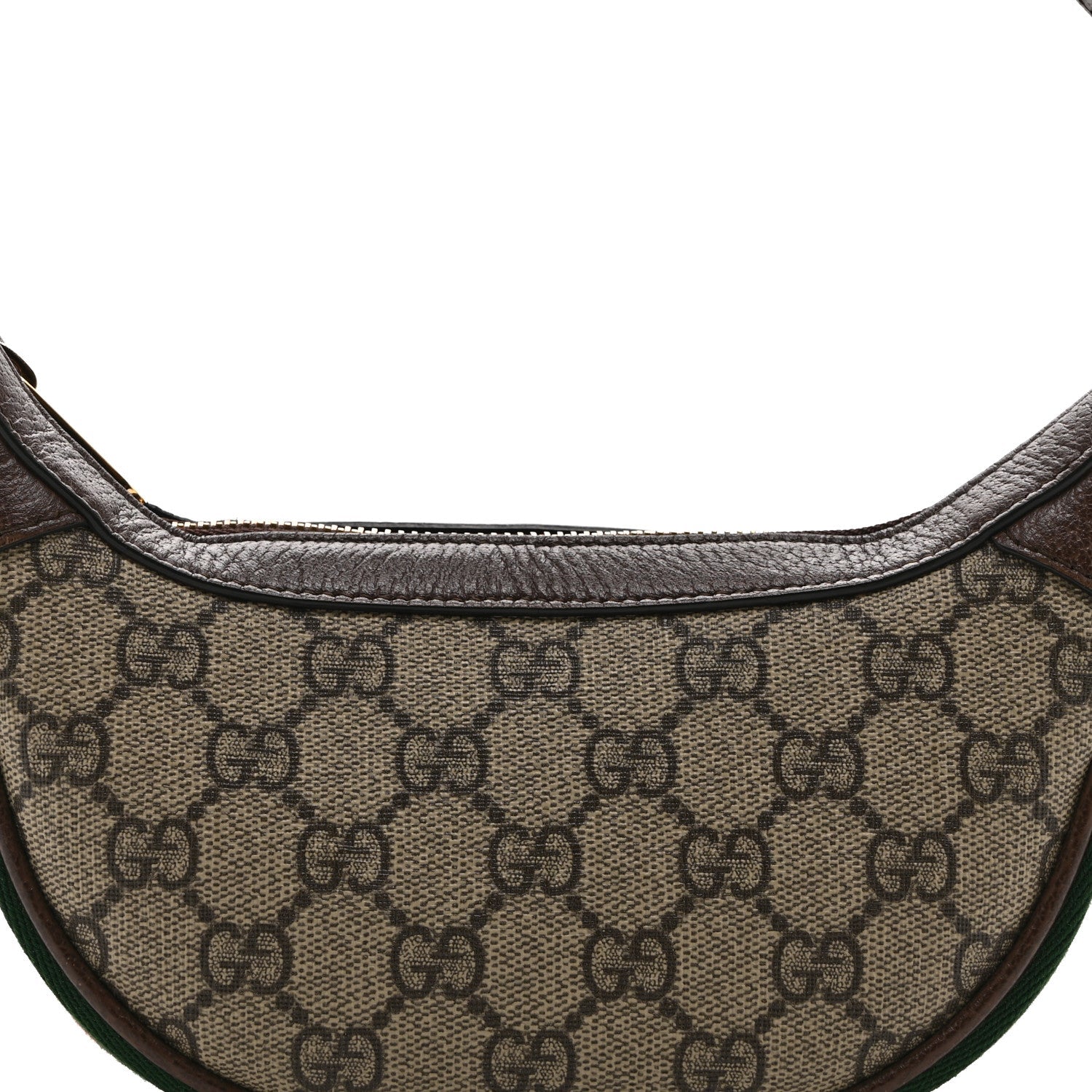 GG Supreme Monogram Textured Calfskin Web Mini Ophidia Half Moon Hobo Beige Ebony New Acero