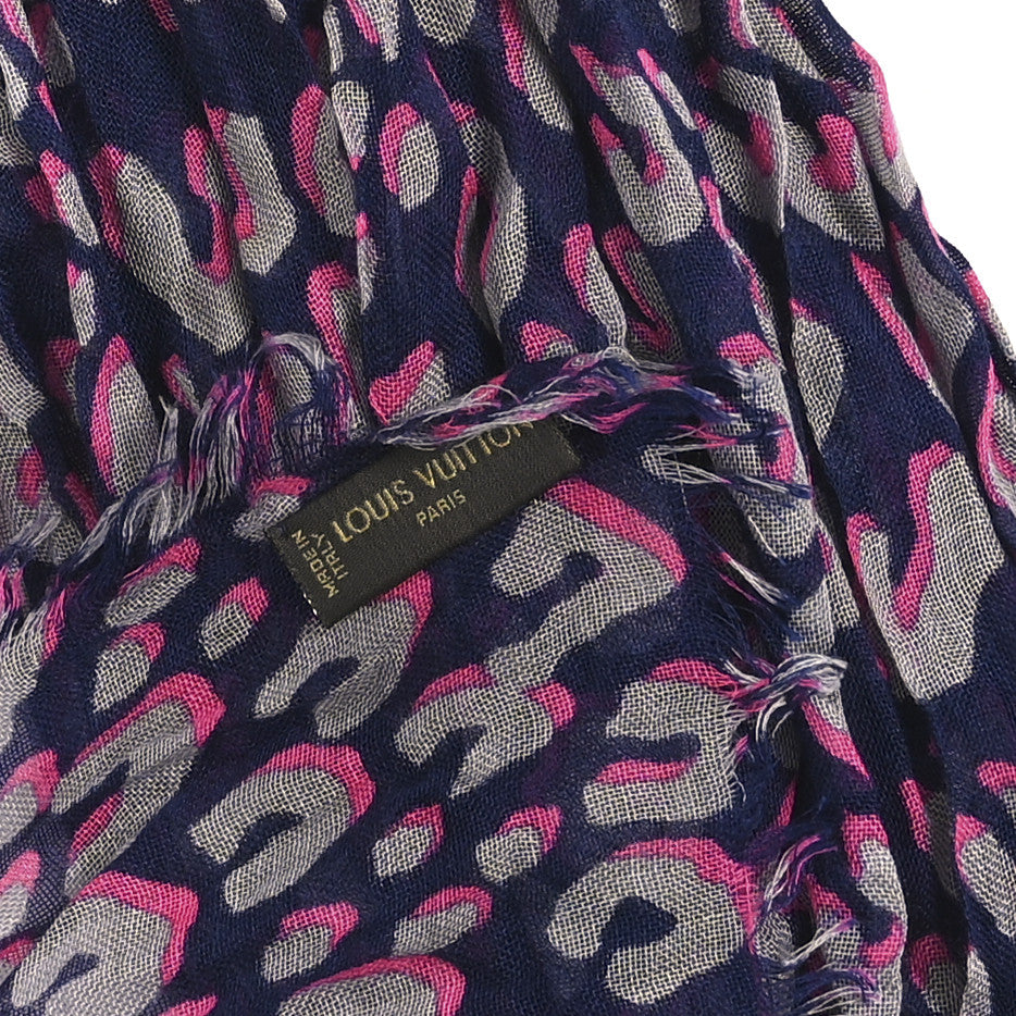 Cashmere Silk Sprouse Leopard Shawl Scarf Blue Nuit