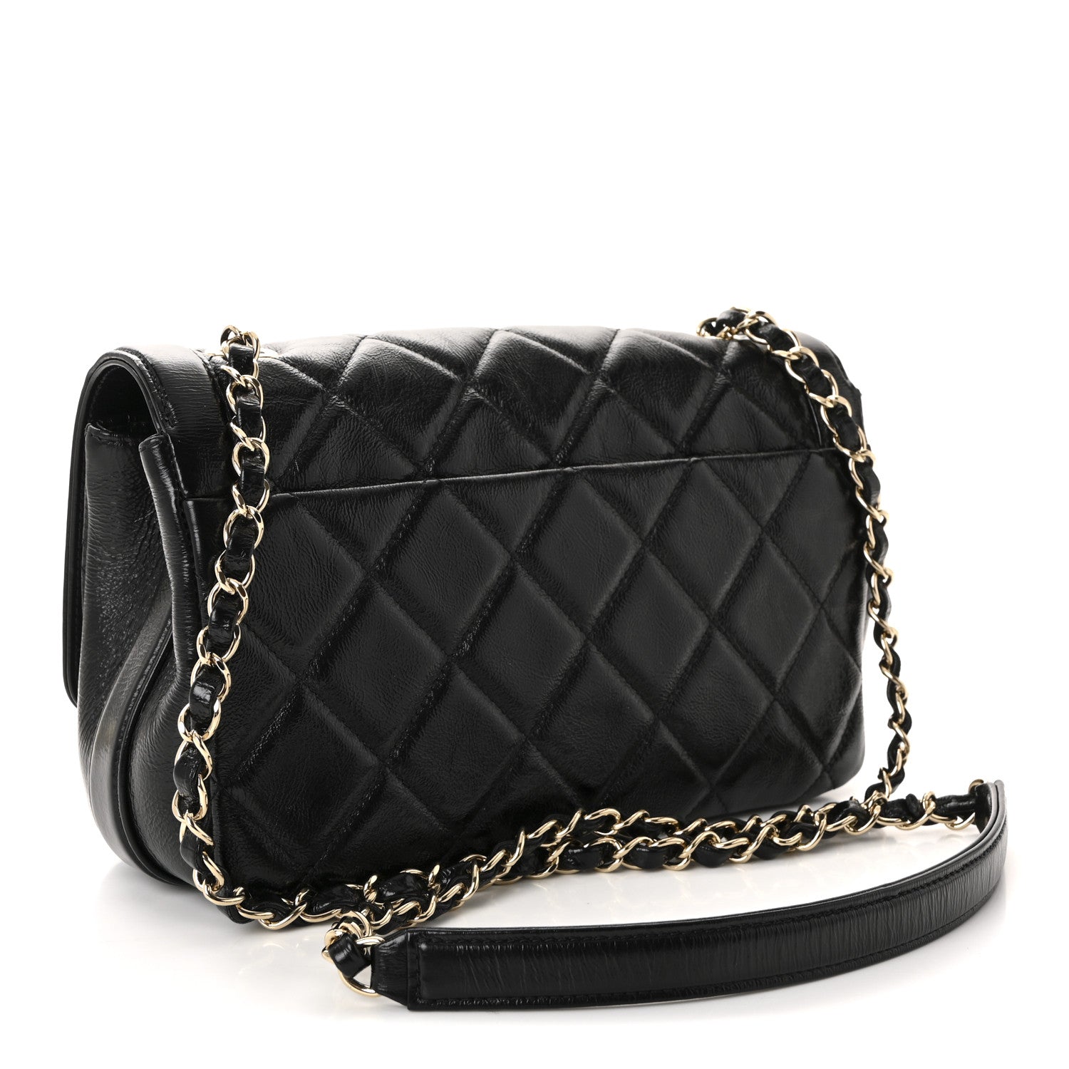 Crumpled Glazed Lambskin Quilted Small Flap Black